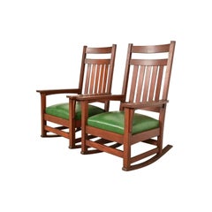 Stickley Brothers Style Antique Mission Oak Arts & Crafts Rocking Chairs, Pair