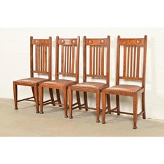 Stickley Brothers Style English Arts & Crafts Oak Dining Chairs, Set of Four