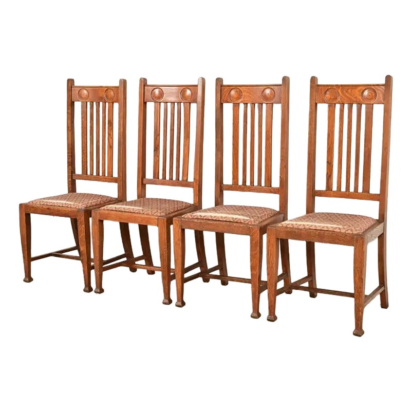 Stickley Brothers Style English Arts & Crafts Oak Dining Chairs, Set of Four