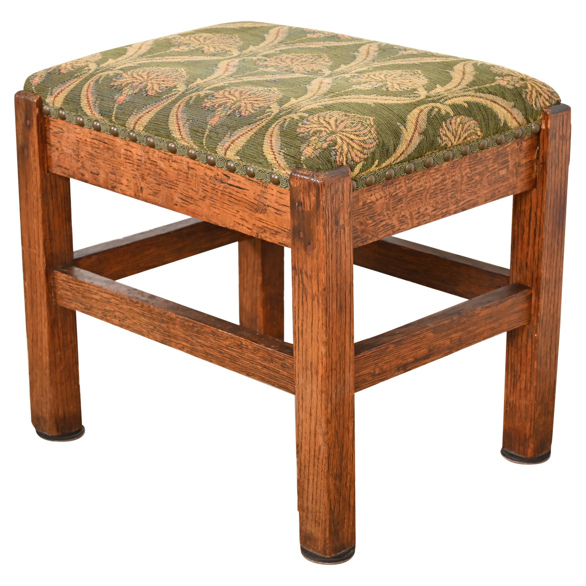 Tabouret Mission en chêne Arts & Crafts rembourré de style Stickley Brothers