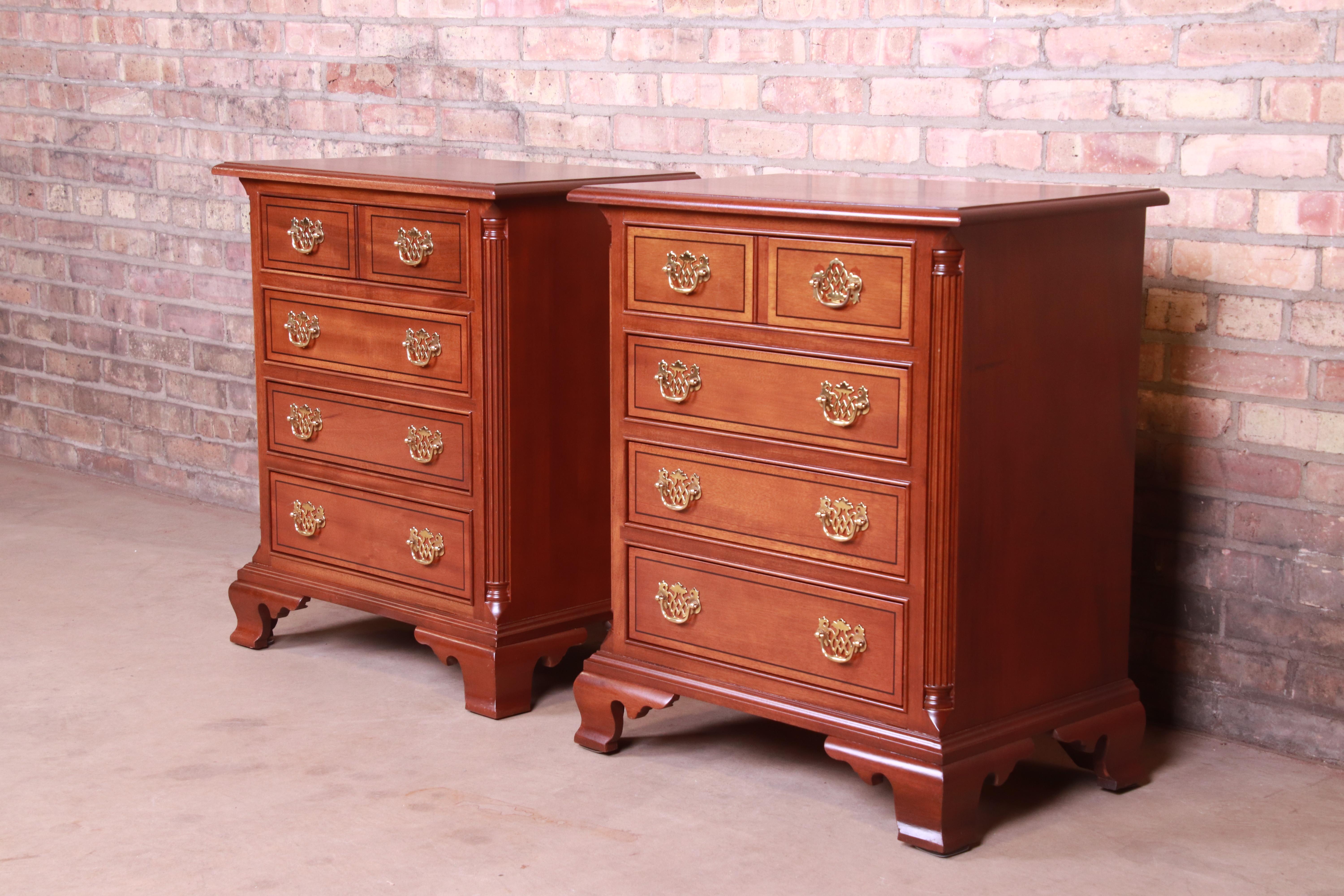 American Stickley Chippendale Mahogany Bedside Chests, Pair
