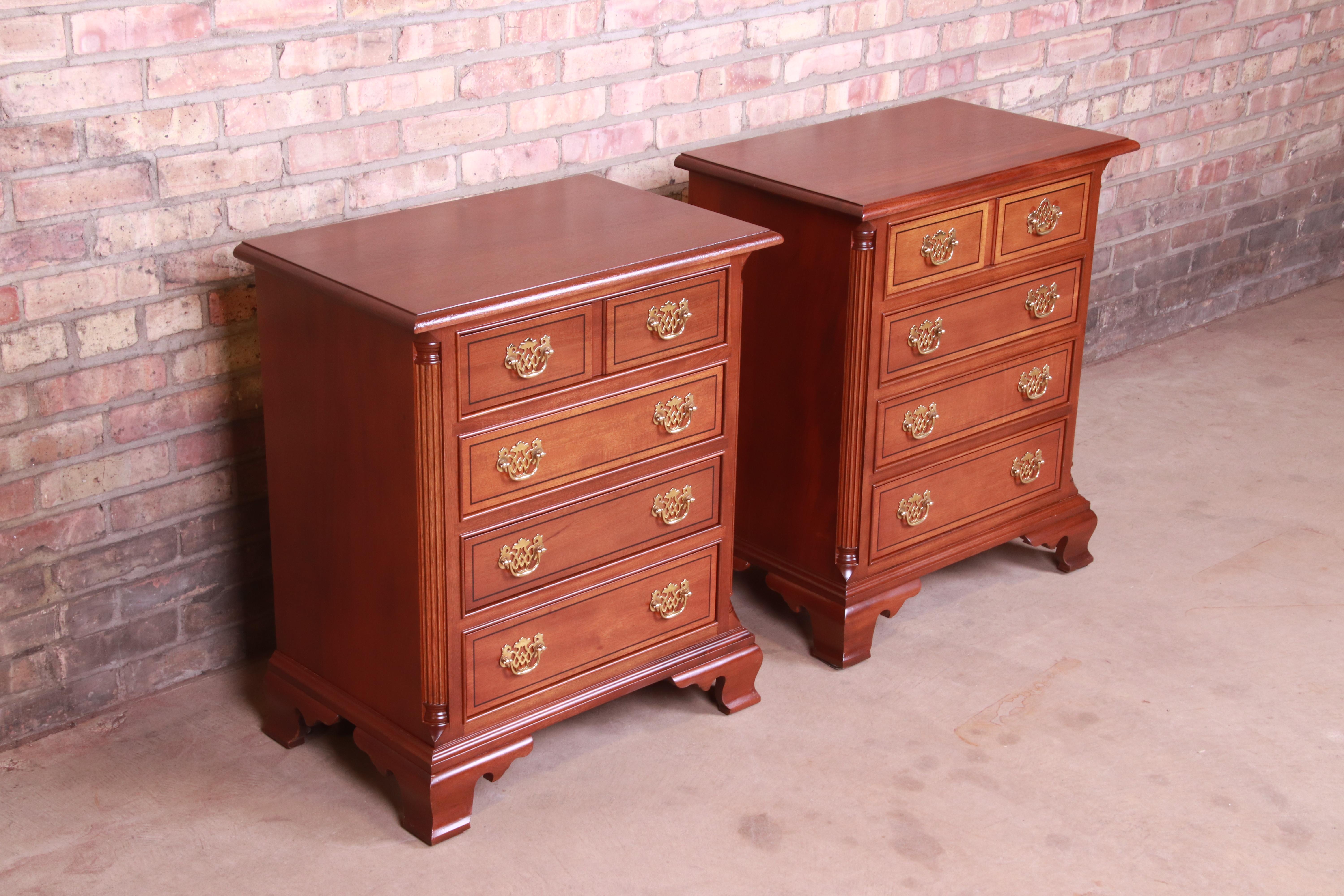20th Century Stickley Chippendale Mahogany Bedside Chests, Pair