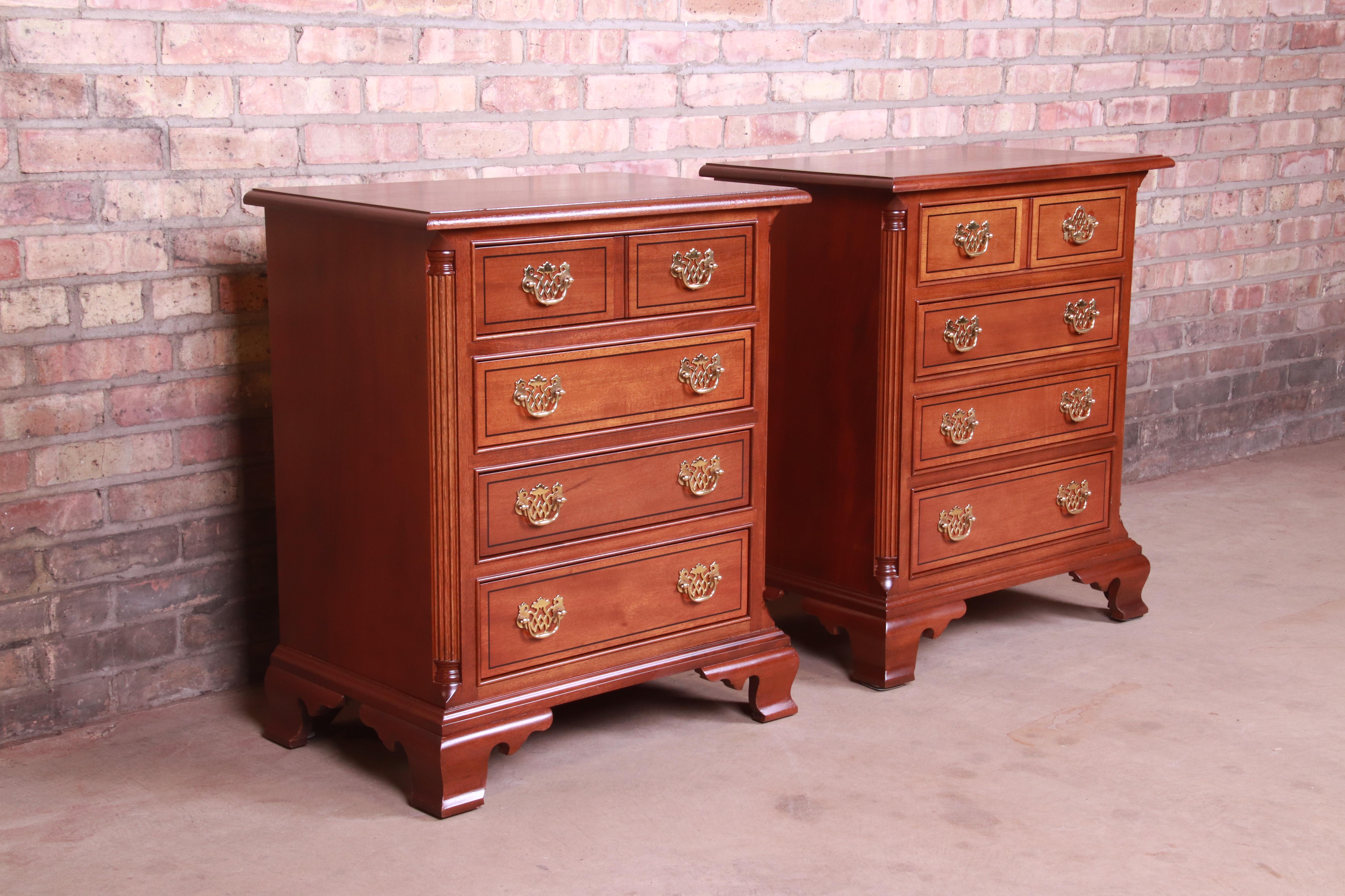 Brass Stickley Chippendale Mahogany Bedside Chests, Pair