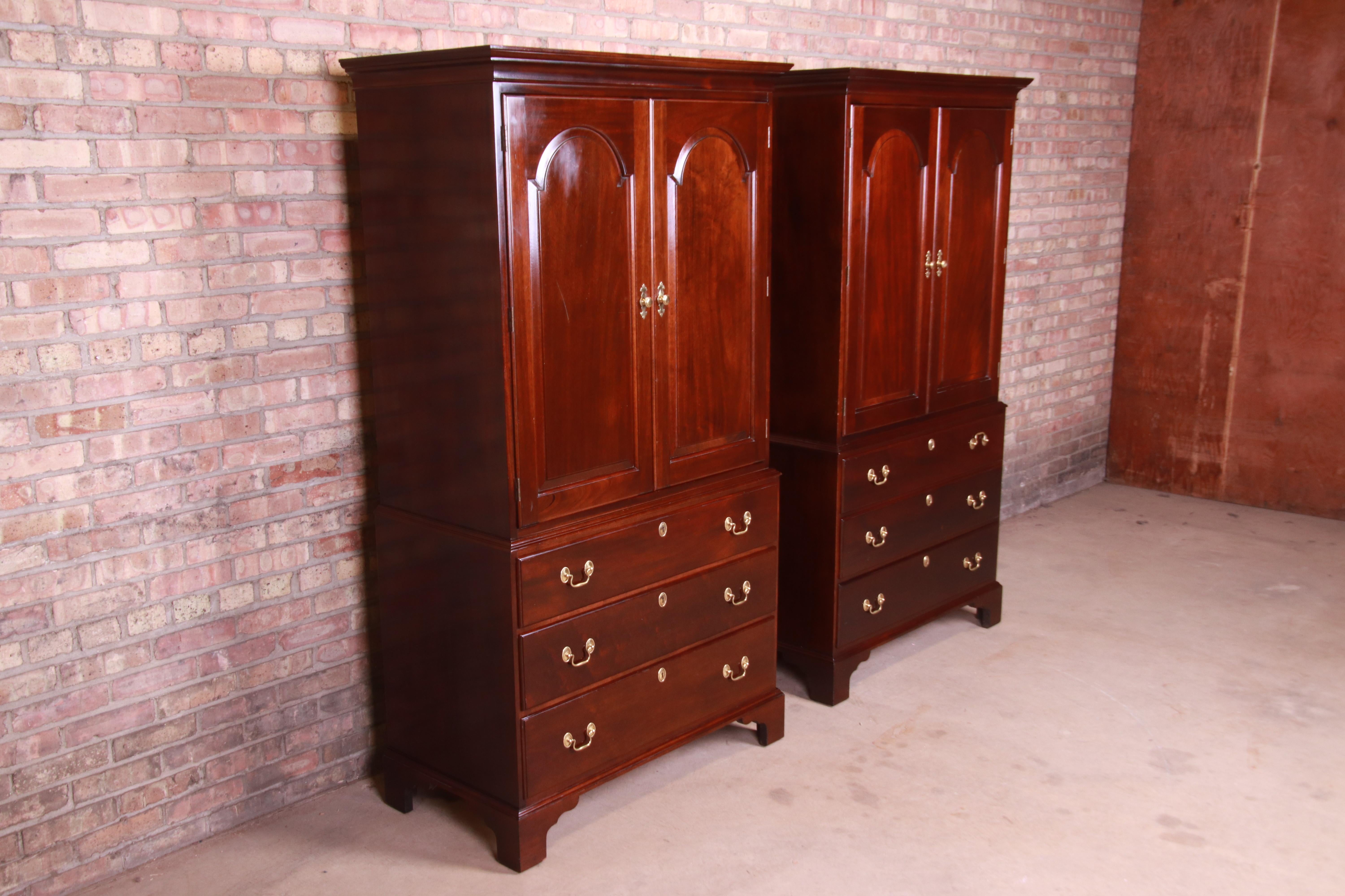 Brass Stickley Chippendale Mahogany Gentleman's Chests, Pair