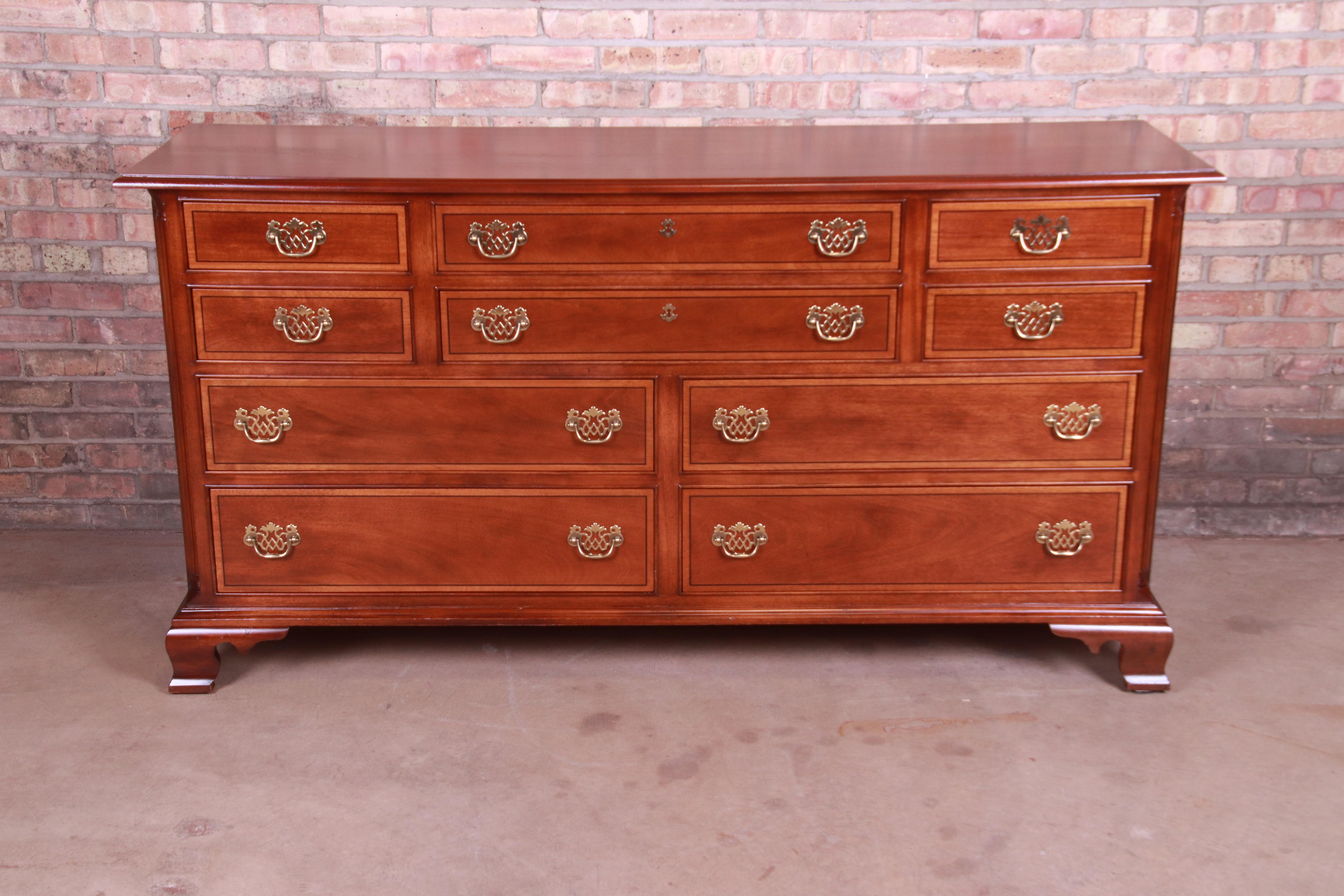 American Stickley Chippendale Mahogany Ten-Drawer Dresser or Credenza, Newly Refinished