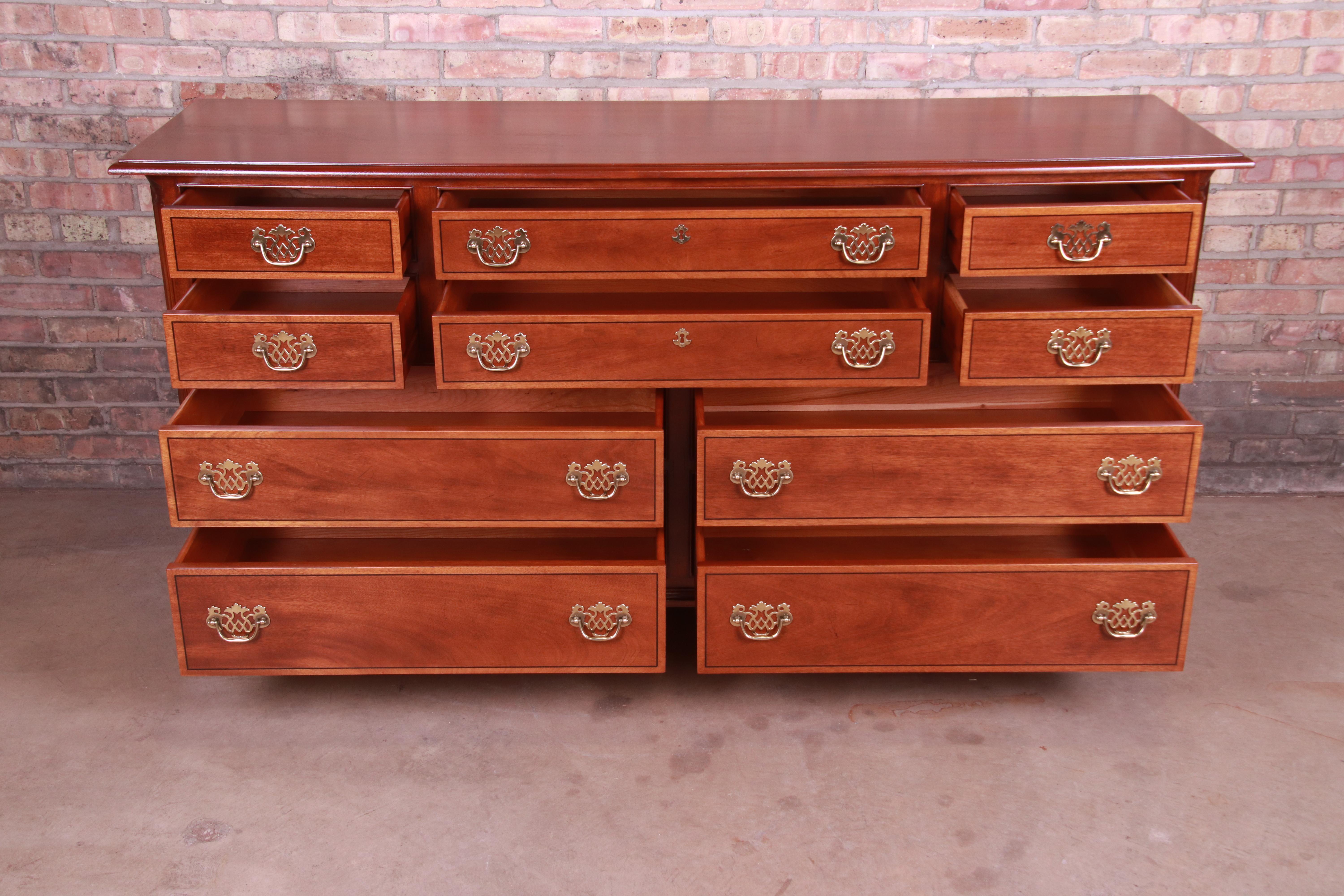 Brass Stickley Chippendale Mahogany Ten-Drawer Dresser or Credenza, Newly Refinished