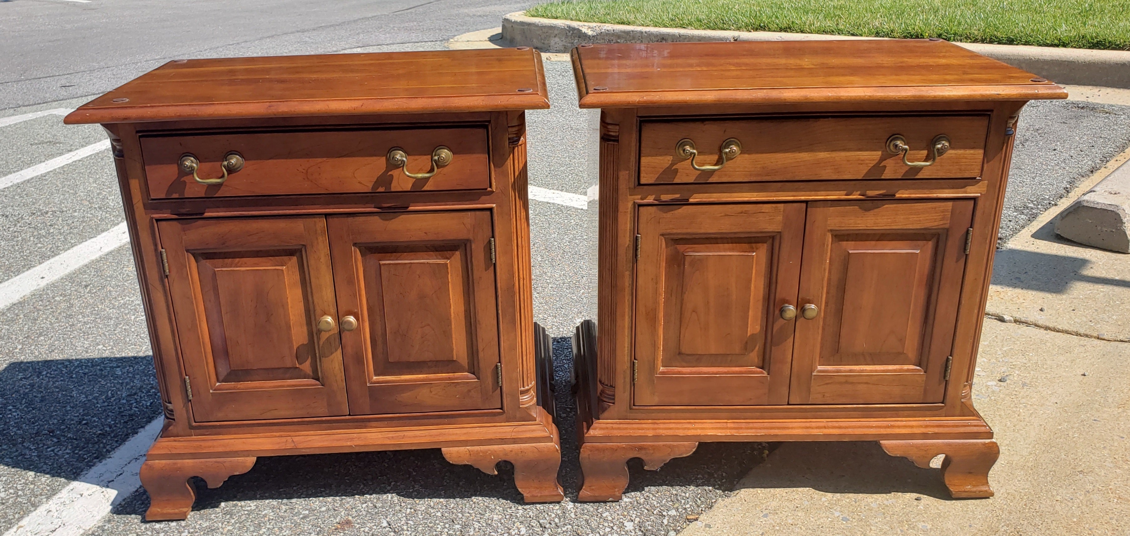 Brass Stickley Chippendale Solid Cherry Nightstands, a Pair 