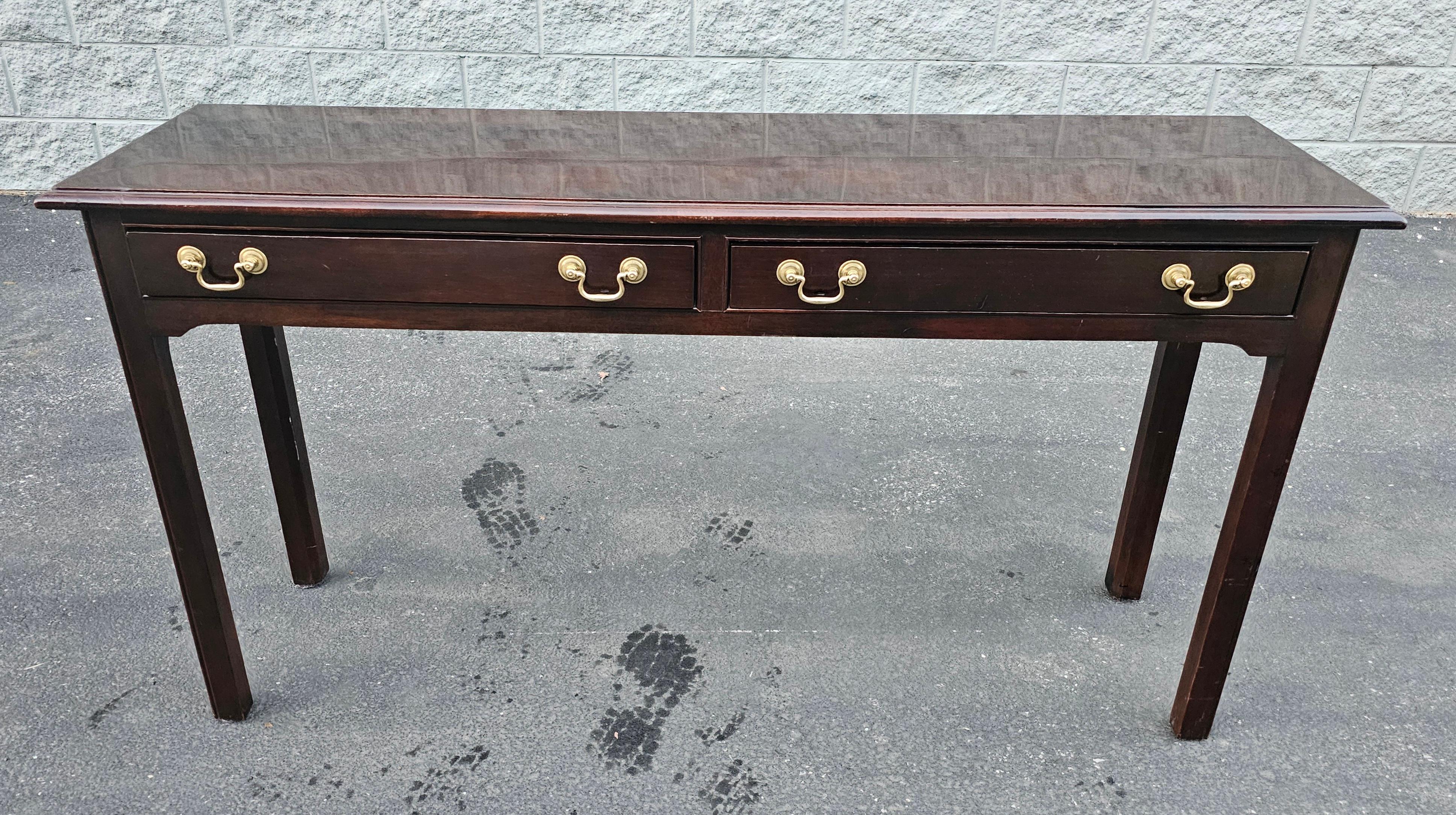 Brass Stickley Chippendale Solid Mahogany Console Table with Protective Glass Top  For Sale
