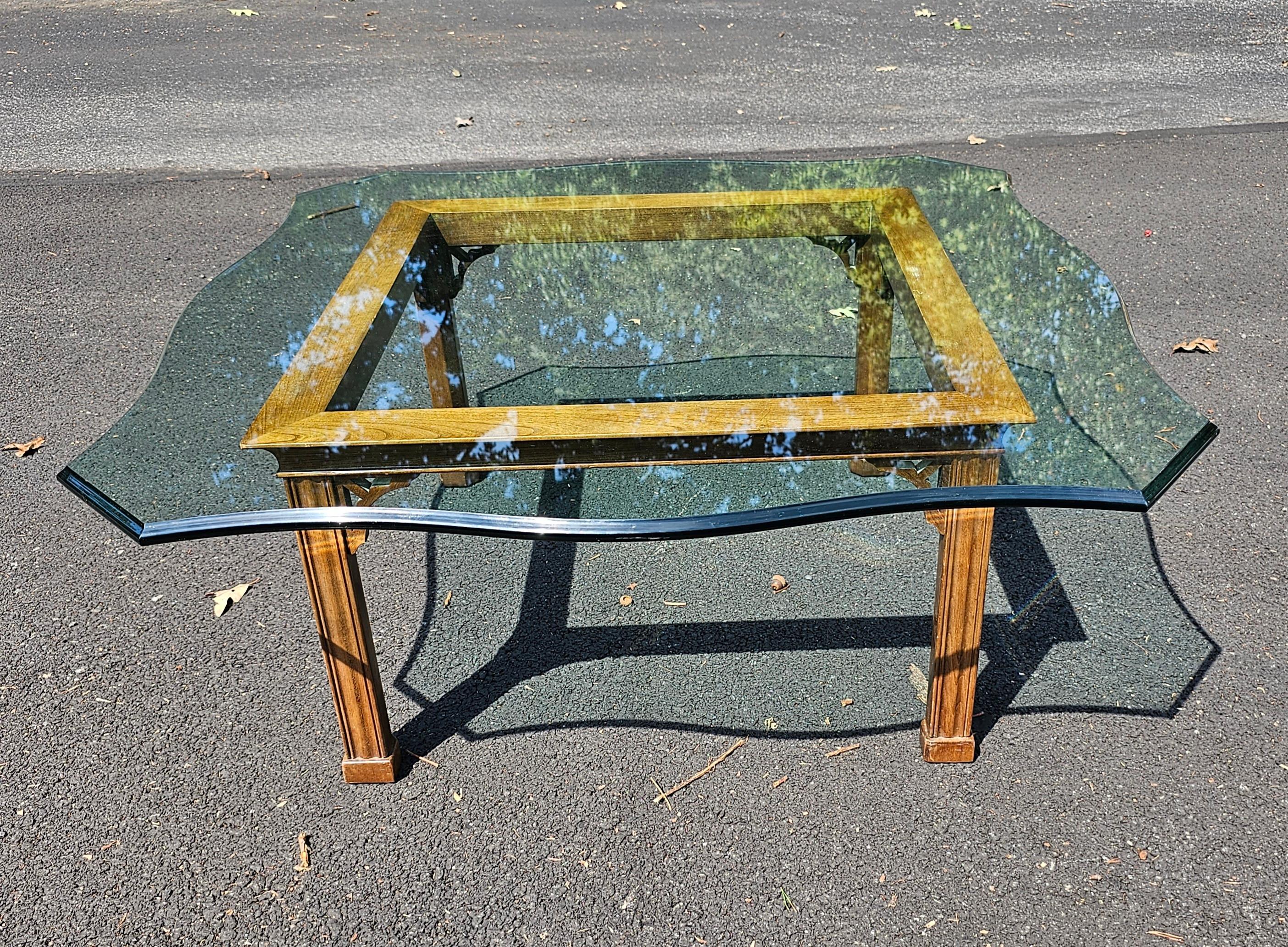 American Stickley Chippendale Walnut and Tempered and Ogee Cut Glass  Top Coffee Table For Sale