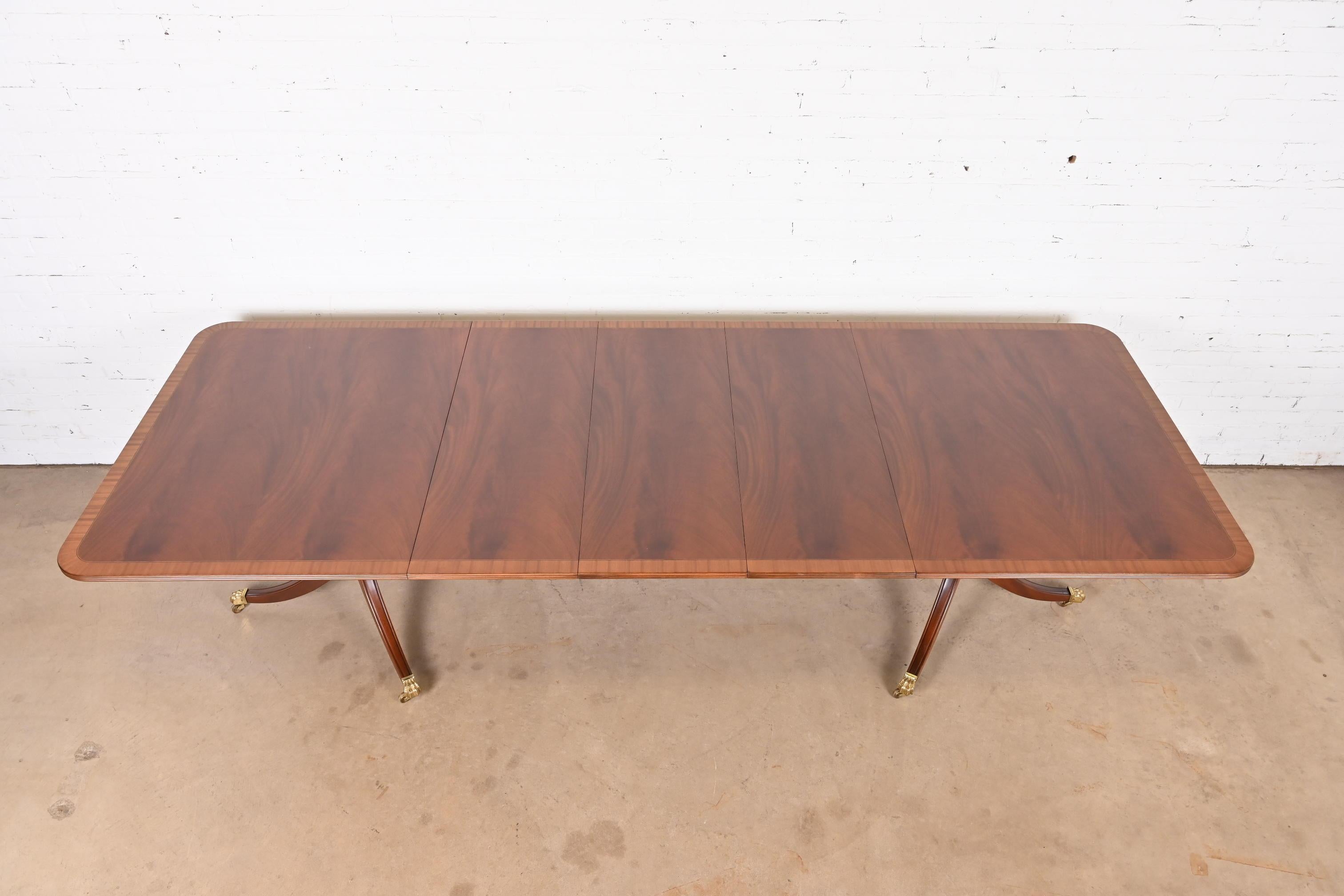 Brass Stickley Georgian Banded Flame Mahogany Double Pedestal Extension Dining Table