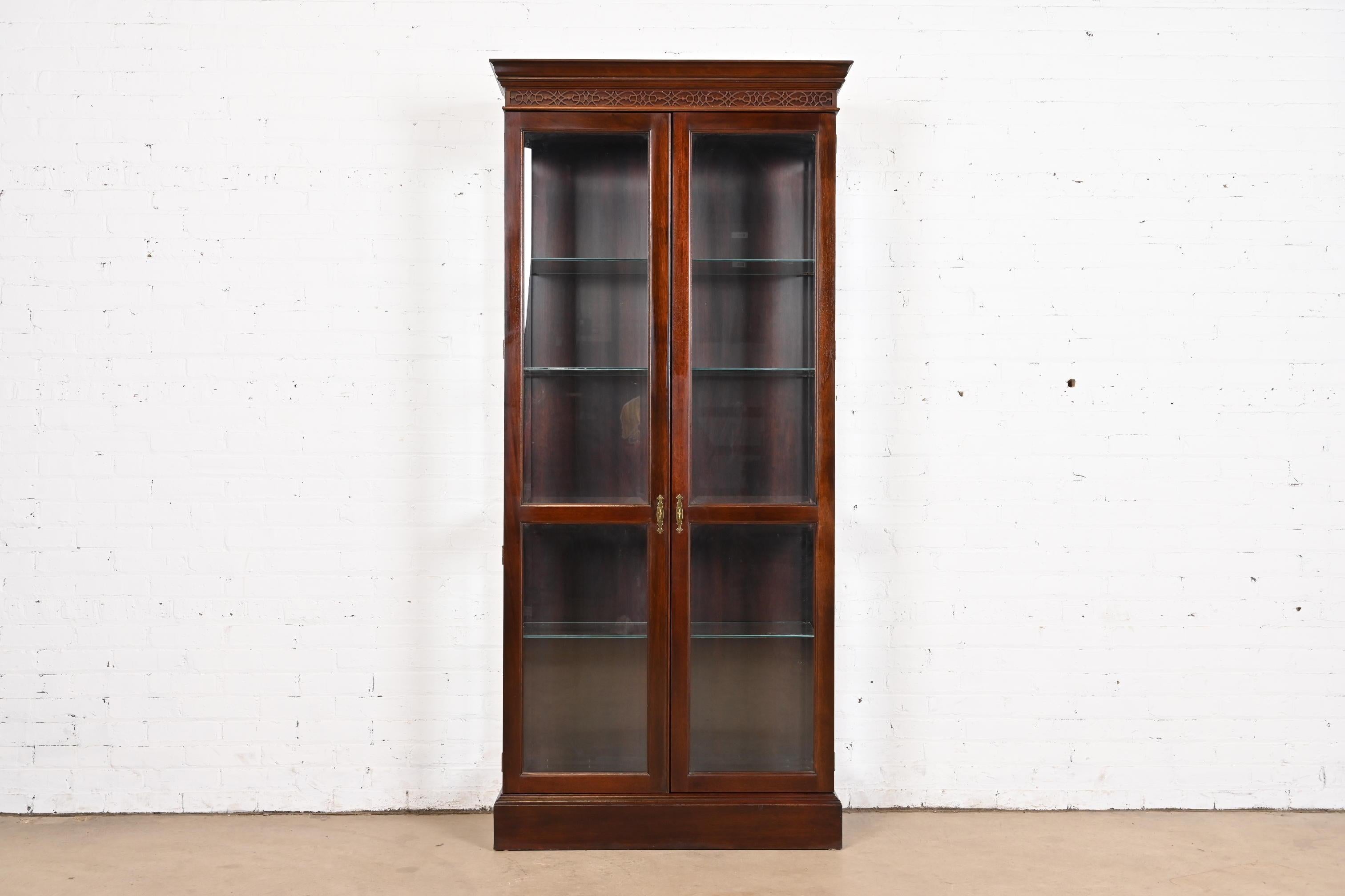 American Stickley Georgian Carved Cherry Wood Lighted Bookcase or Display Cabinet