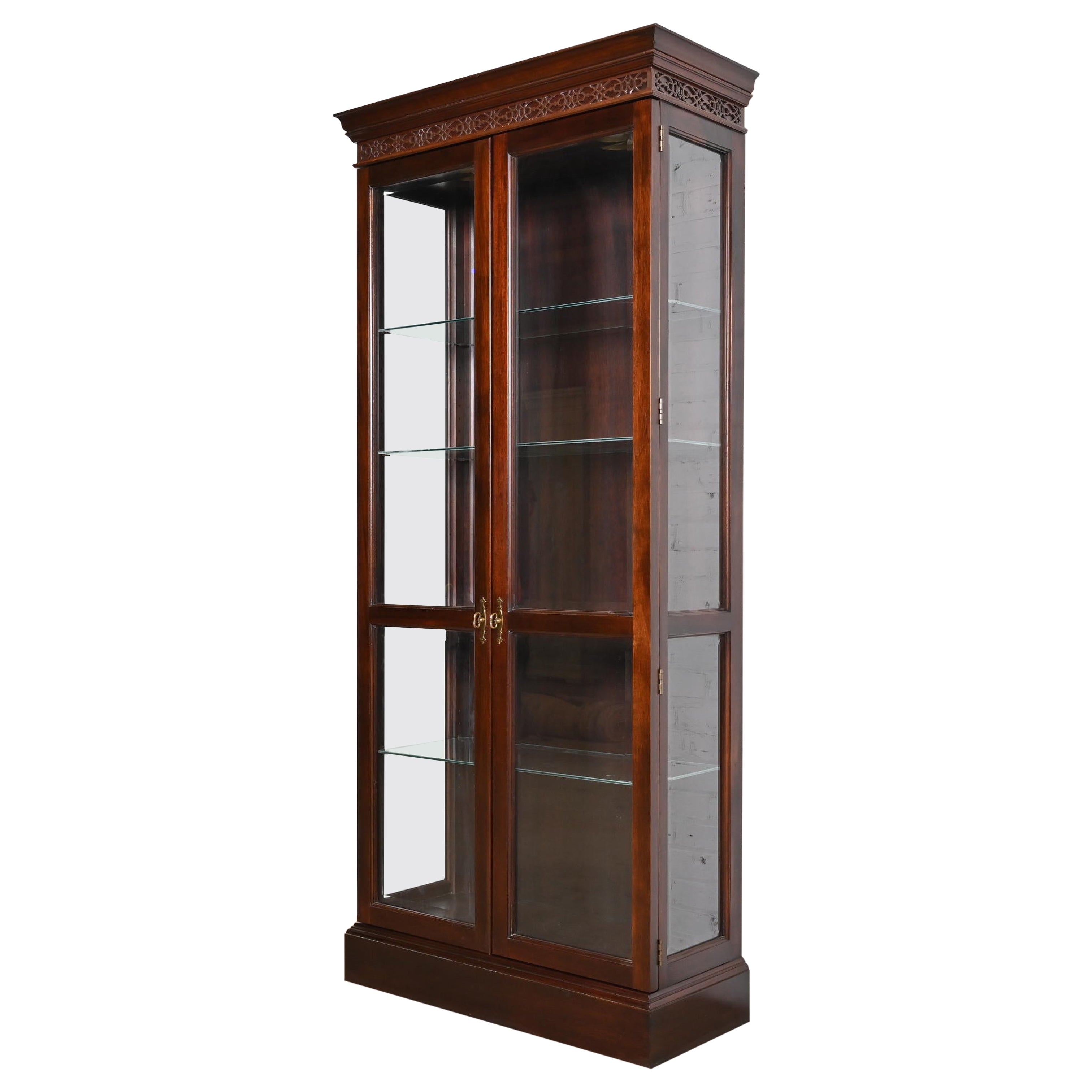 Stickley Georgian Carved Cherry Wood Lighted Bookcase or Display Cabinet