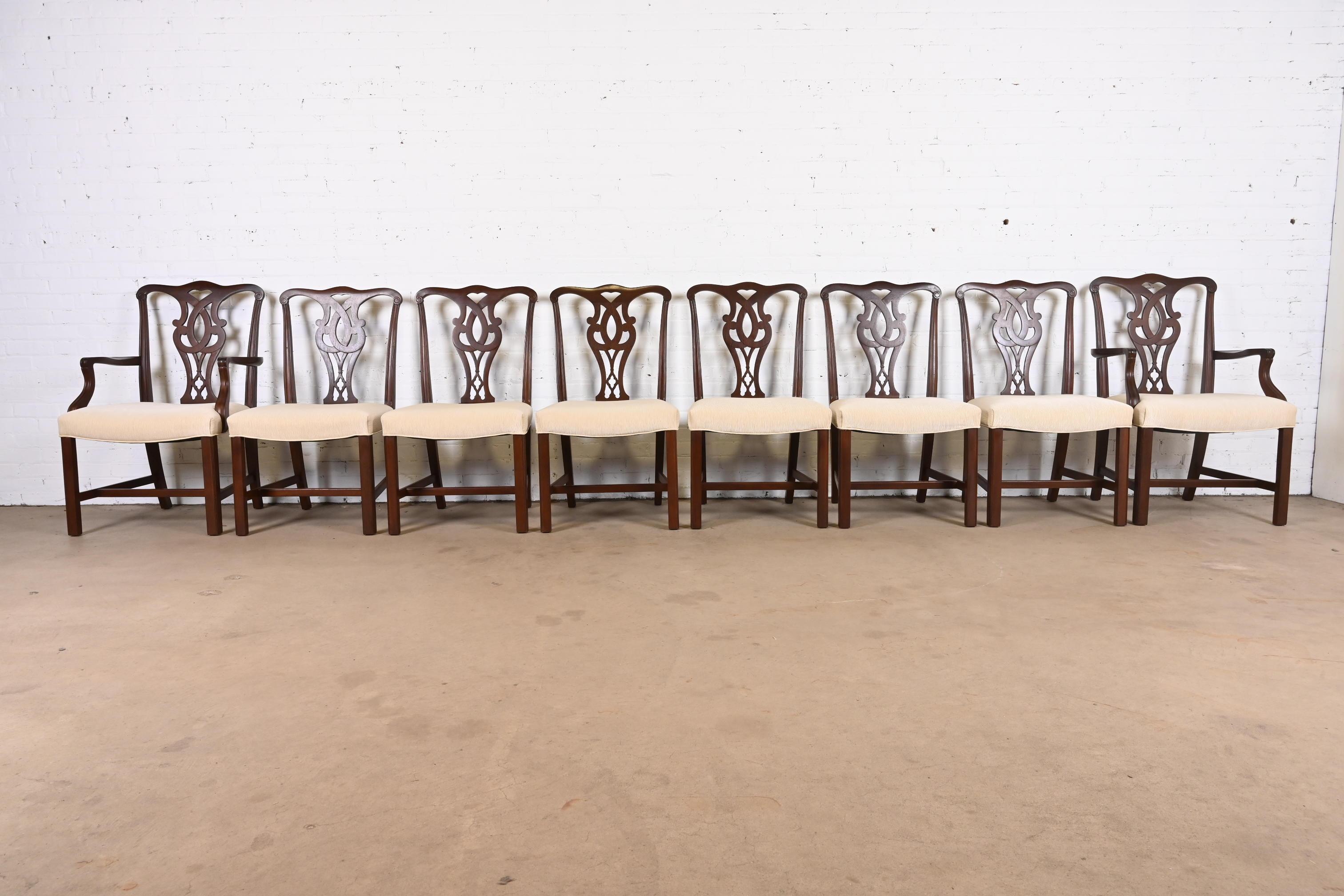 A gorgeous set of eight Georgian or Chippendale style dining chairs

By Stickley

USA, Circa 1980s

Solid carved mahogany frames, with ivory upholstered seats.

Measures:
Side chairs - 22