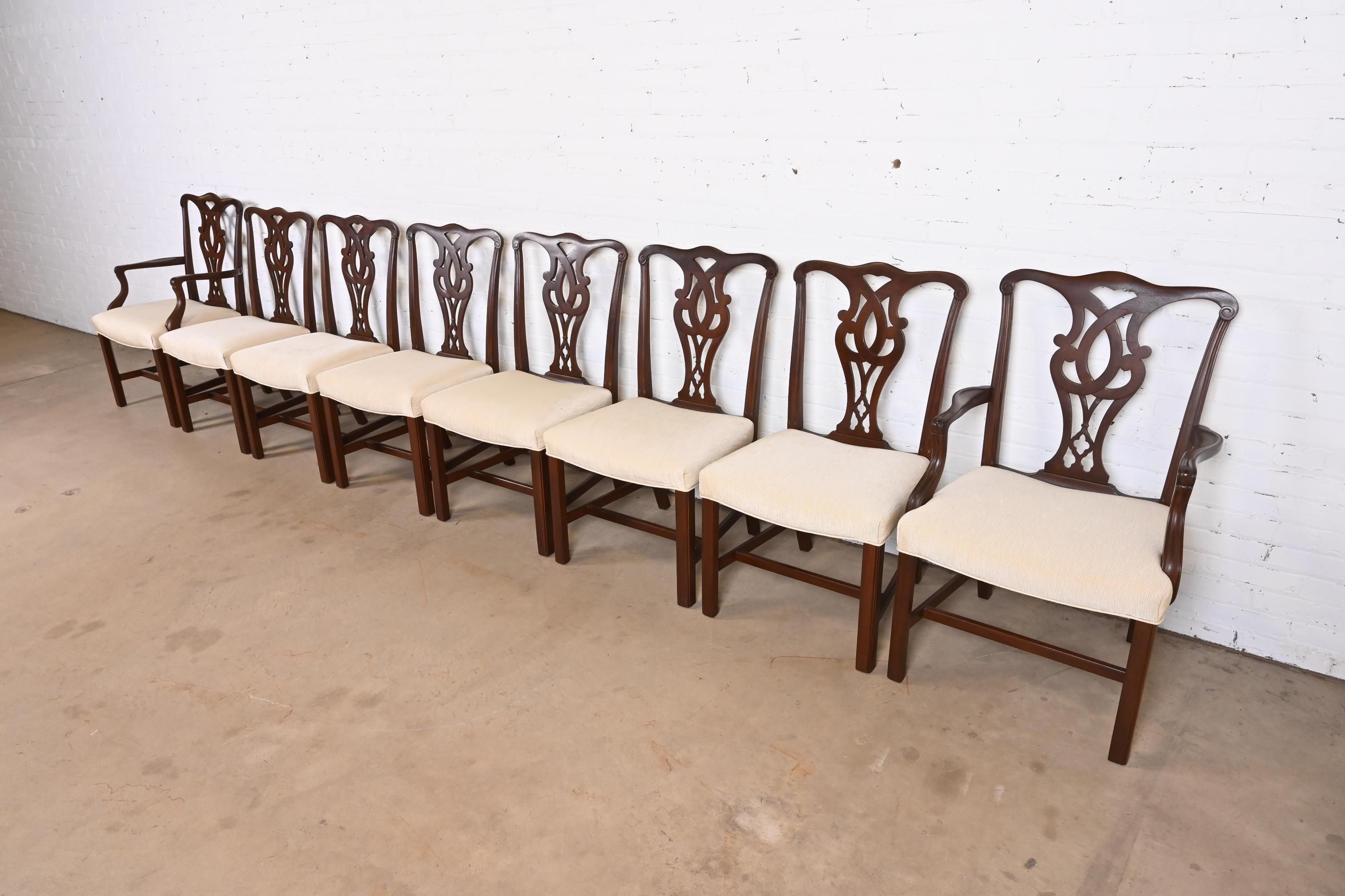 American Stickley Georgian Carved Mahogany Dining Chairs, Set of Eight