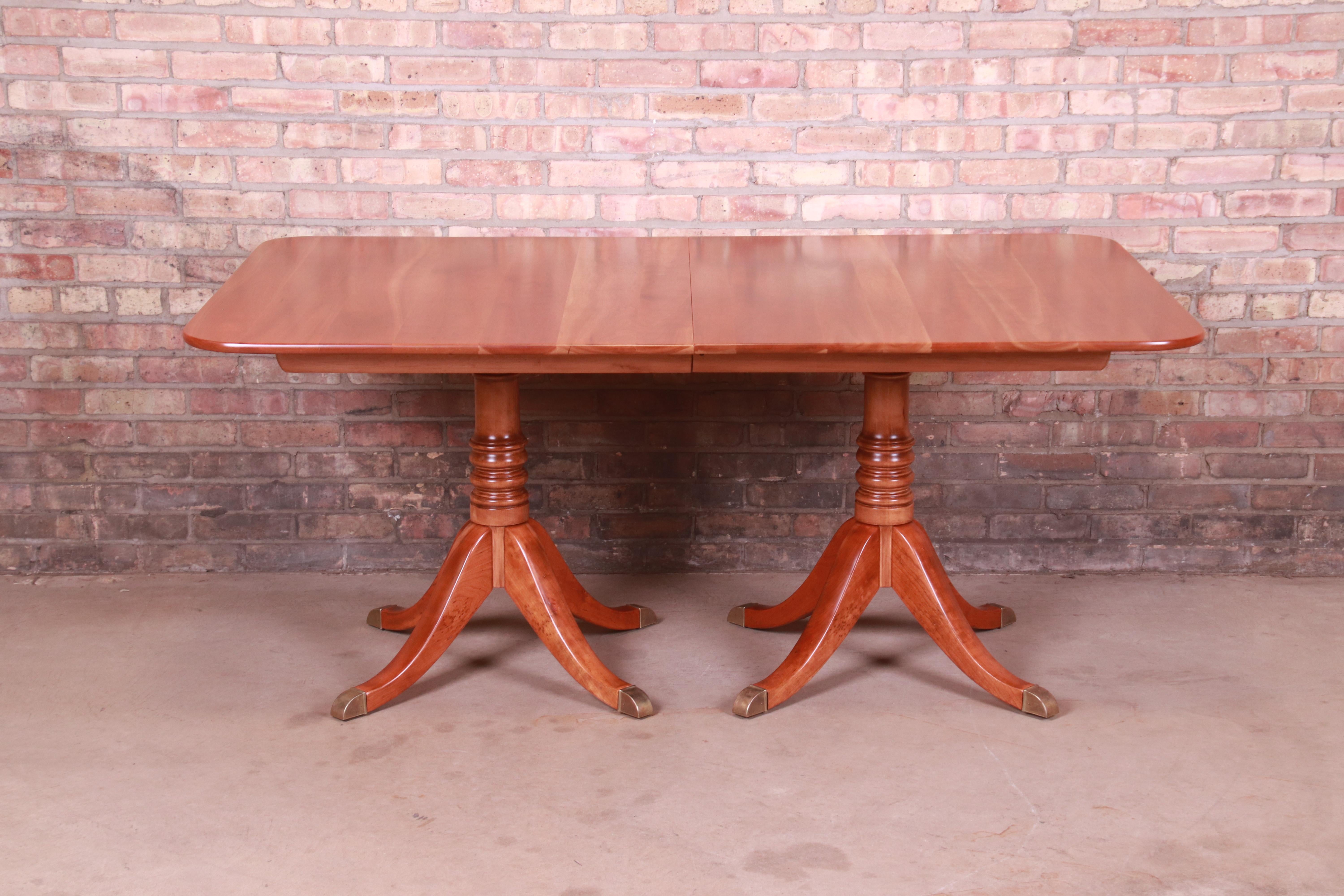 Brass Stickley Georgian Cherry Wood Double Pedestal Dining Table, Newly Refinished For Sale