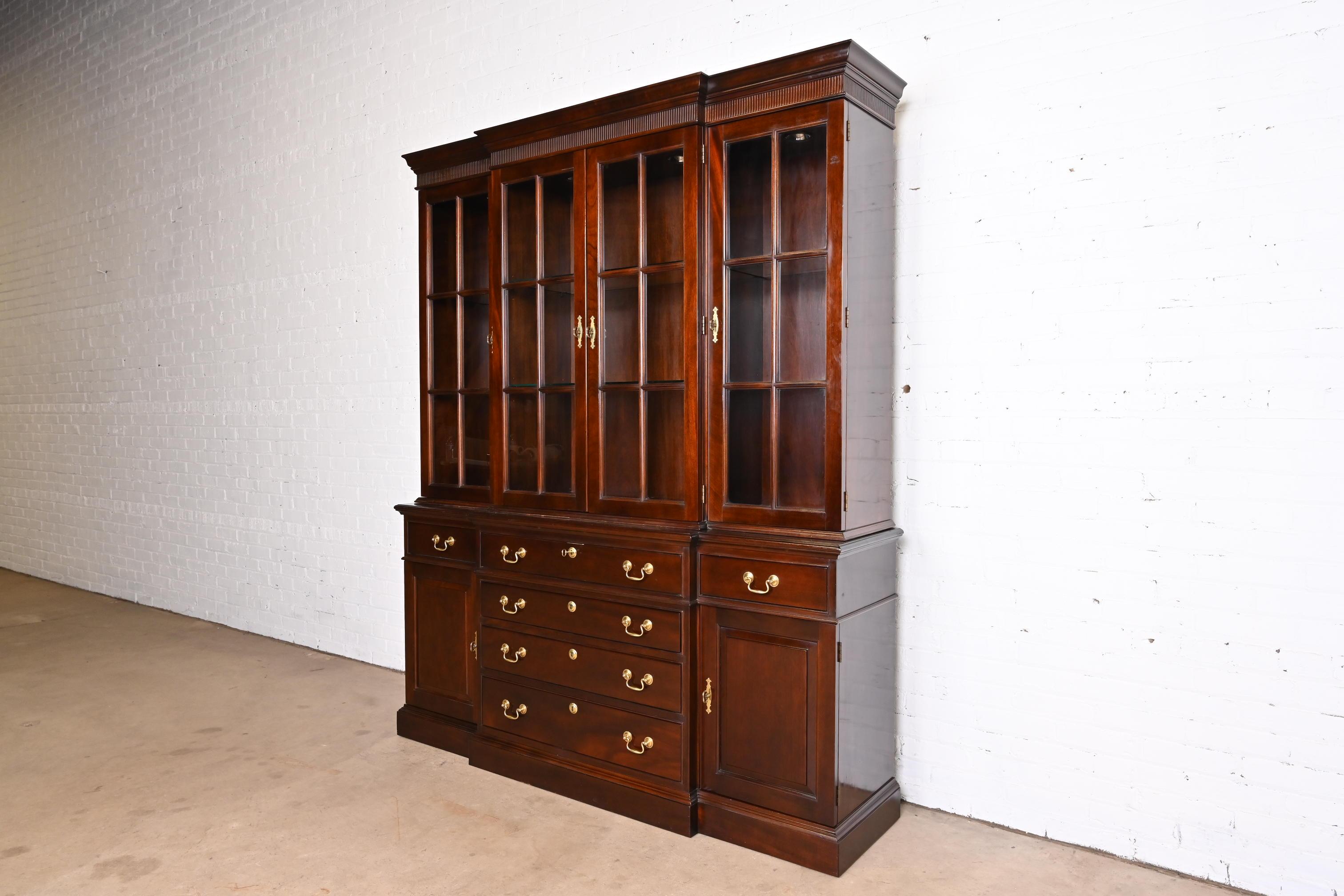 American Stickley Georgian Cherry Wood Lighted Breakfront Bookcase Cabinet