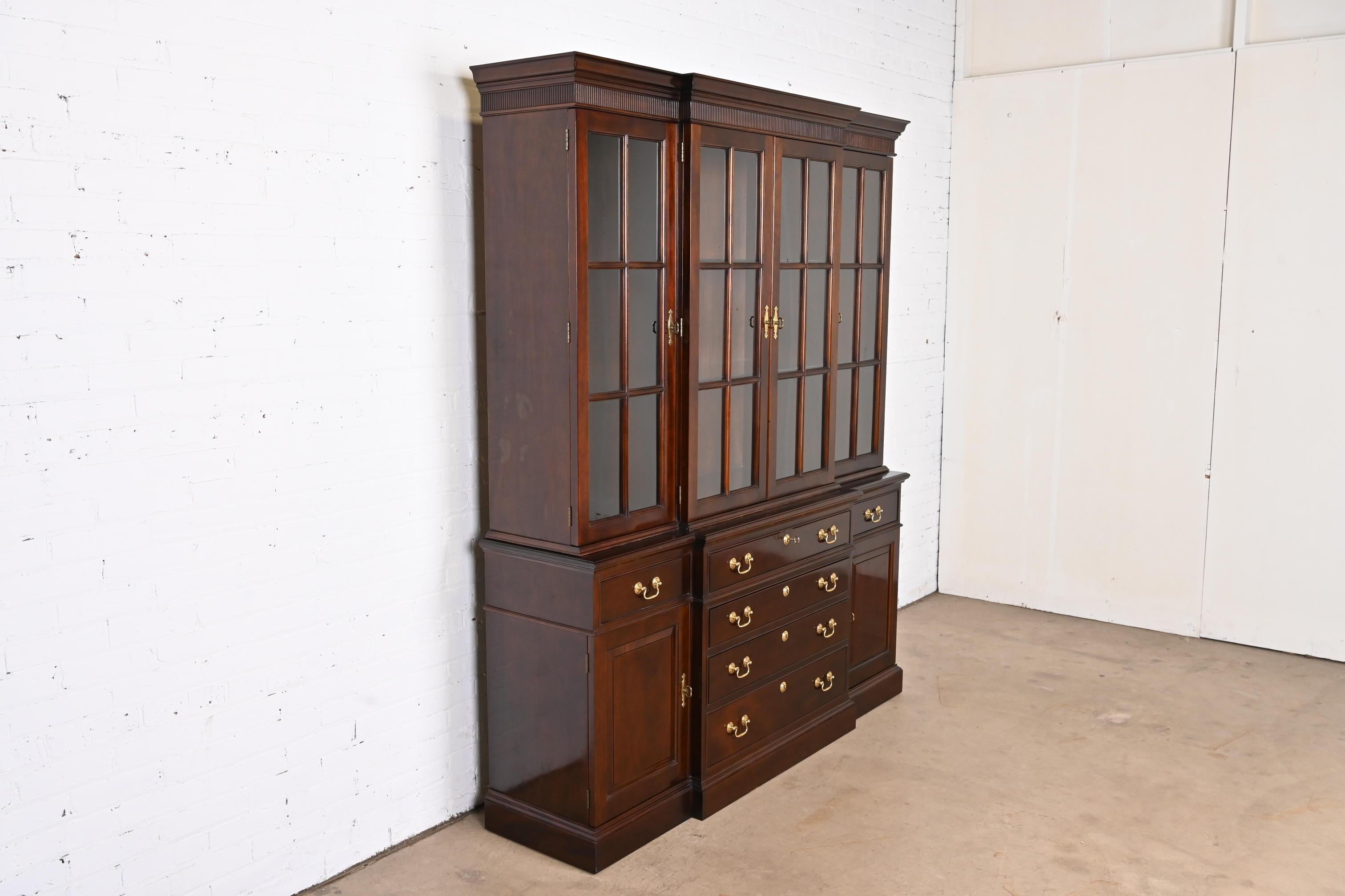 20th Century Stickley Georgian Cherry Wood Lighted Breakfront Bookcase Cabinet