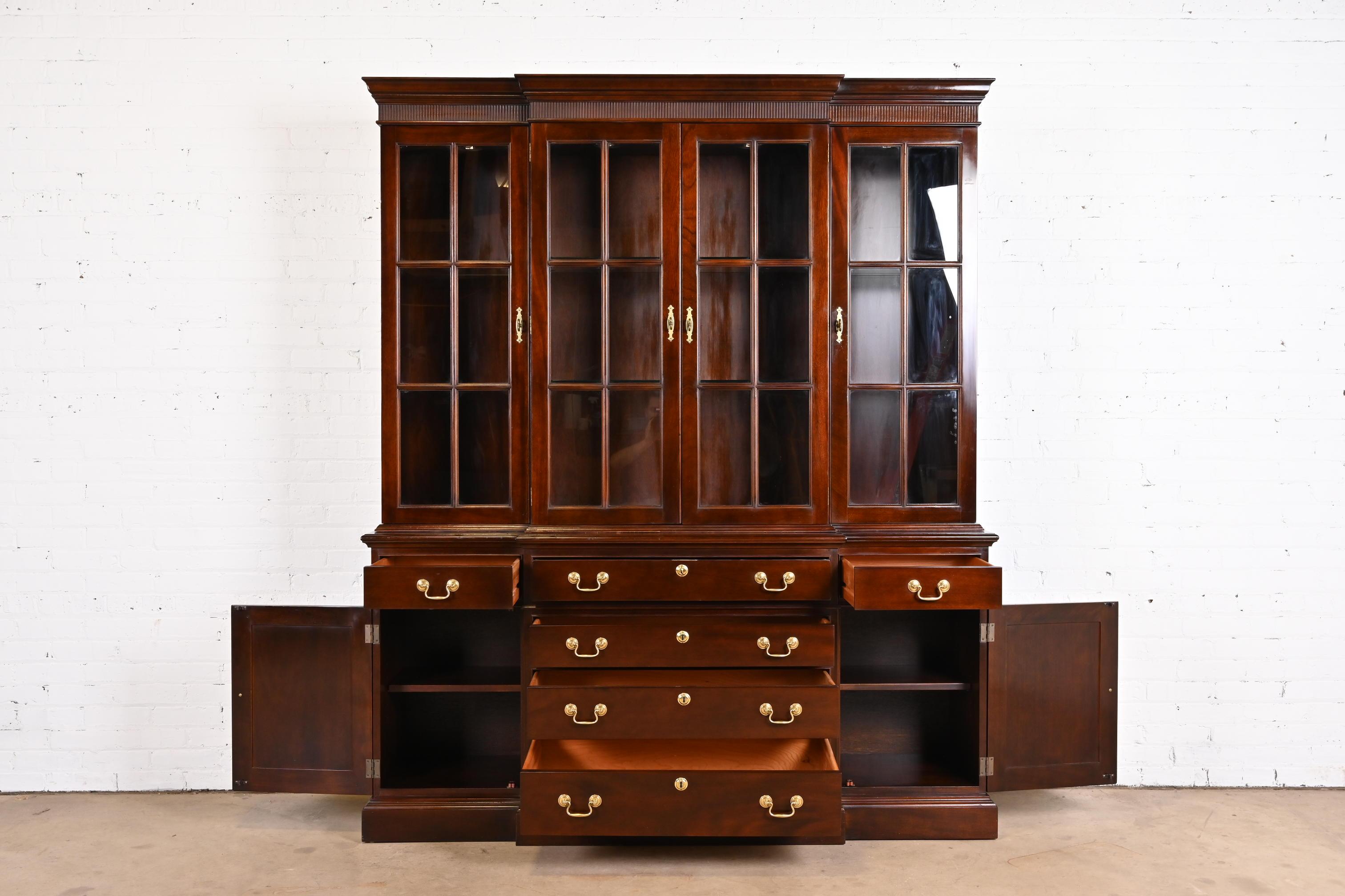 Stickley Georgian Cherry Wood Lighted Breakfront Bookcase Cabinet 1