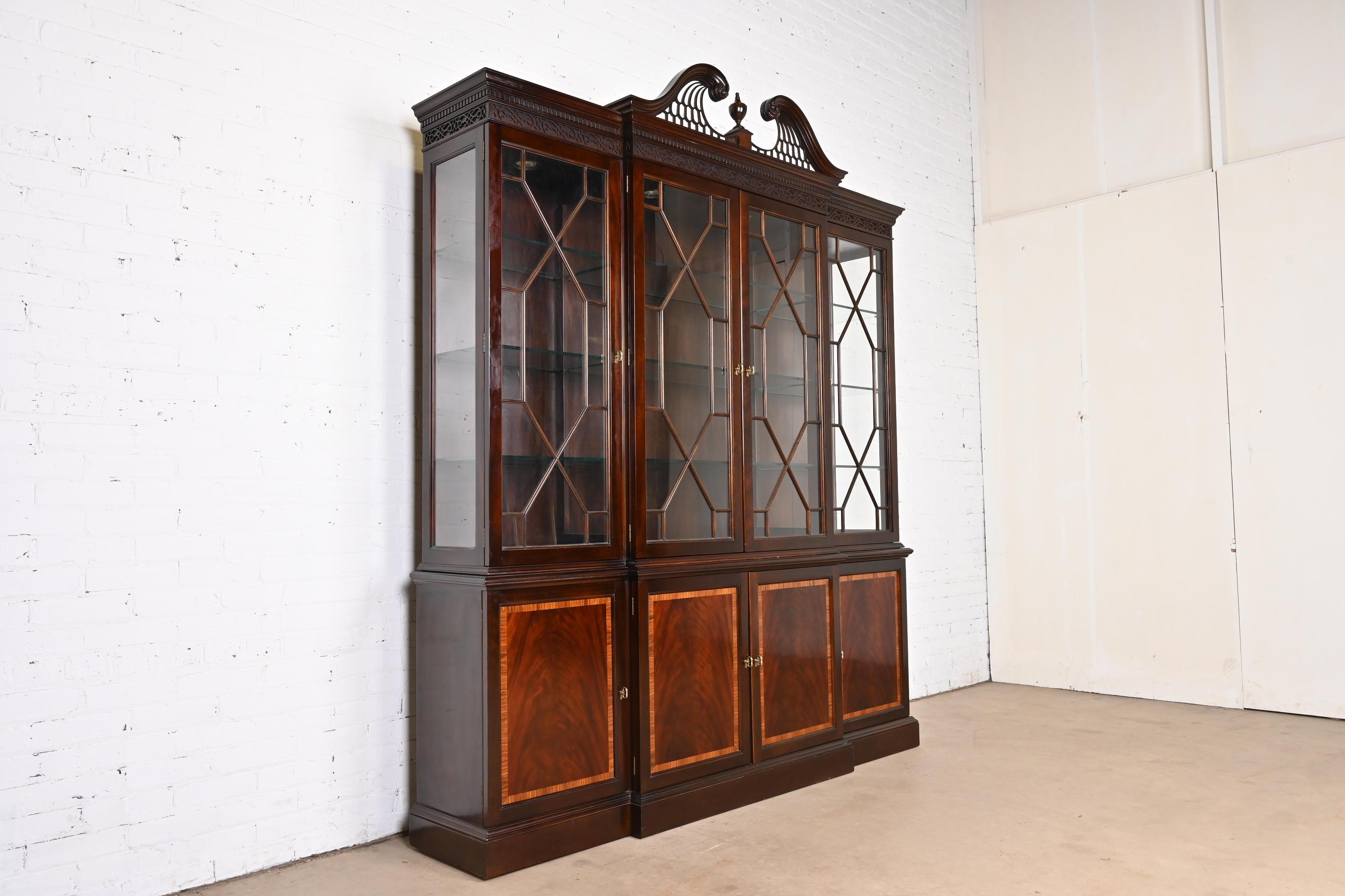Late 20th Century Stickley Georgian Flame Mahogany Lighted Breakfront Bookcase Cabinet For Sale