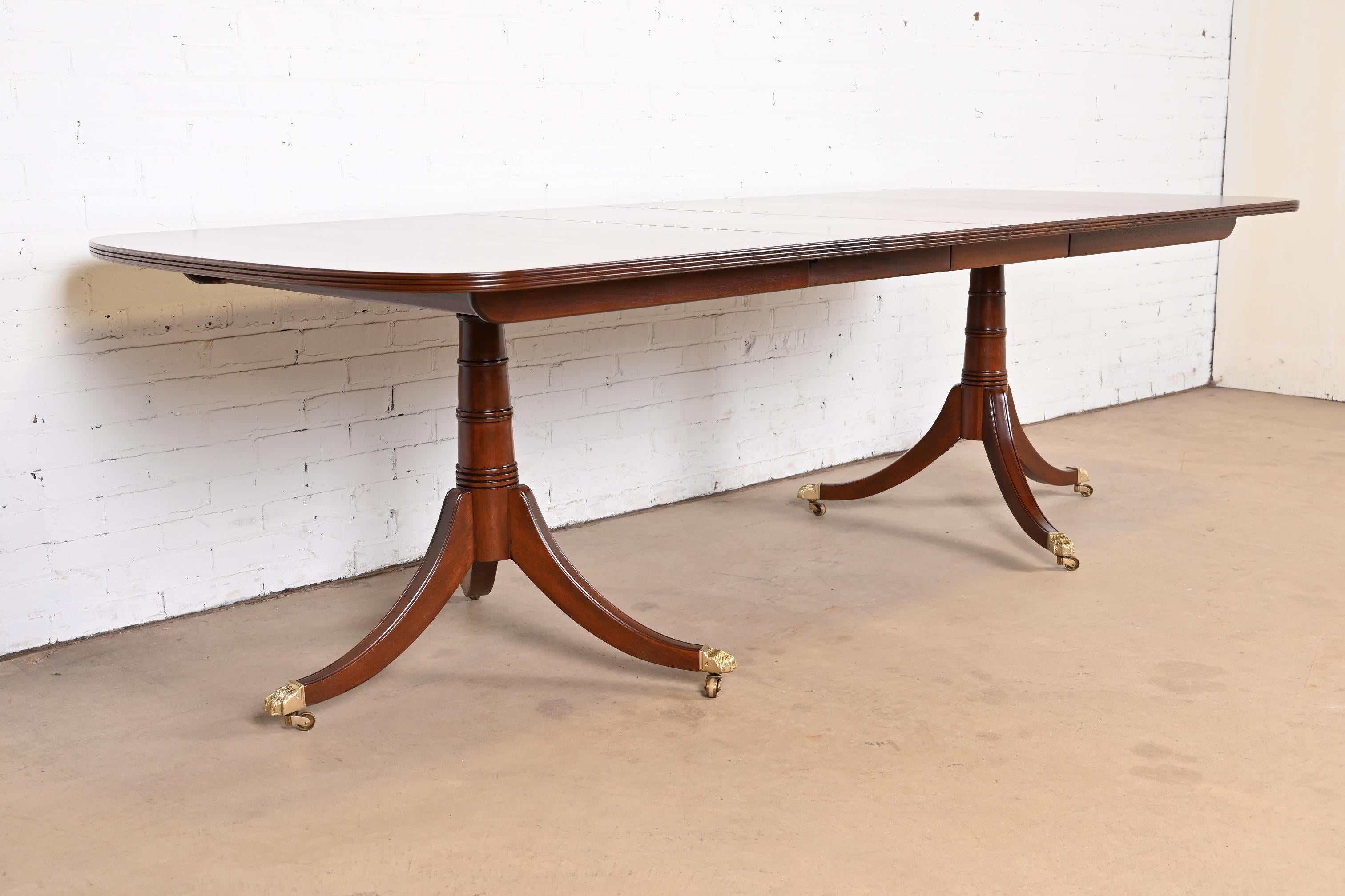 Brass Stickley Georgian Mahogany Double Pedestal Extension Dining Table, Refinished For Sale