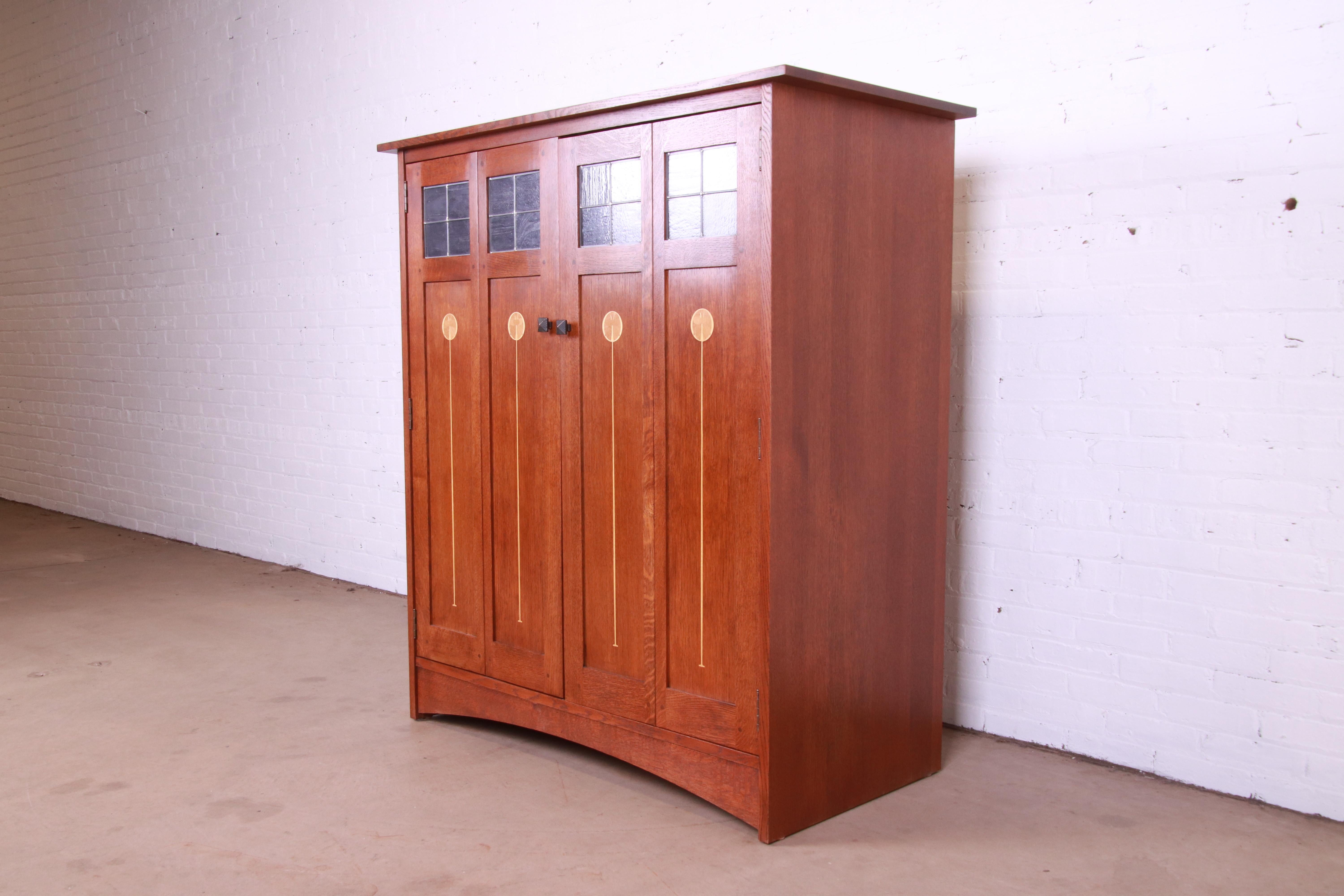Arts and Crafts Stickley Harvey Ellis Arts & Crafts Inlaid Oak and Leaded Glass Media Cabinet