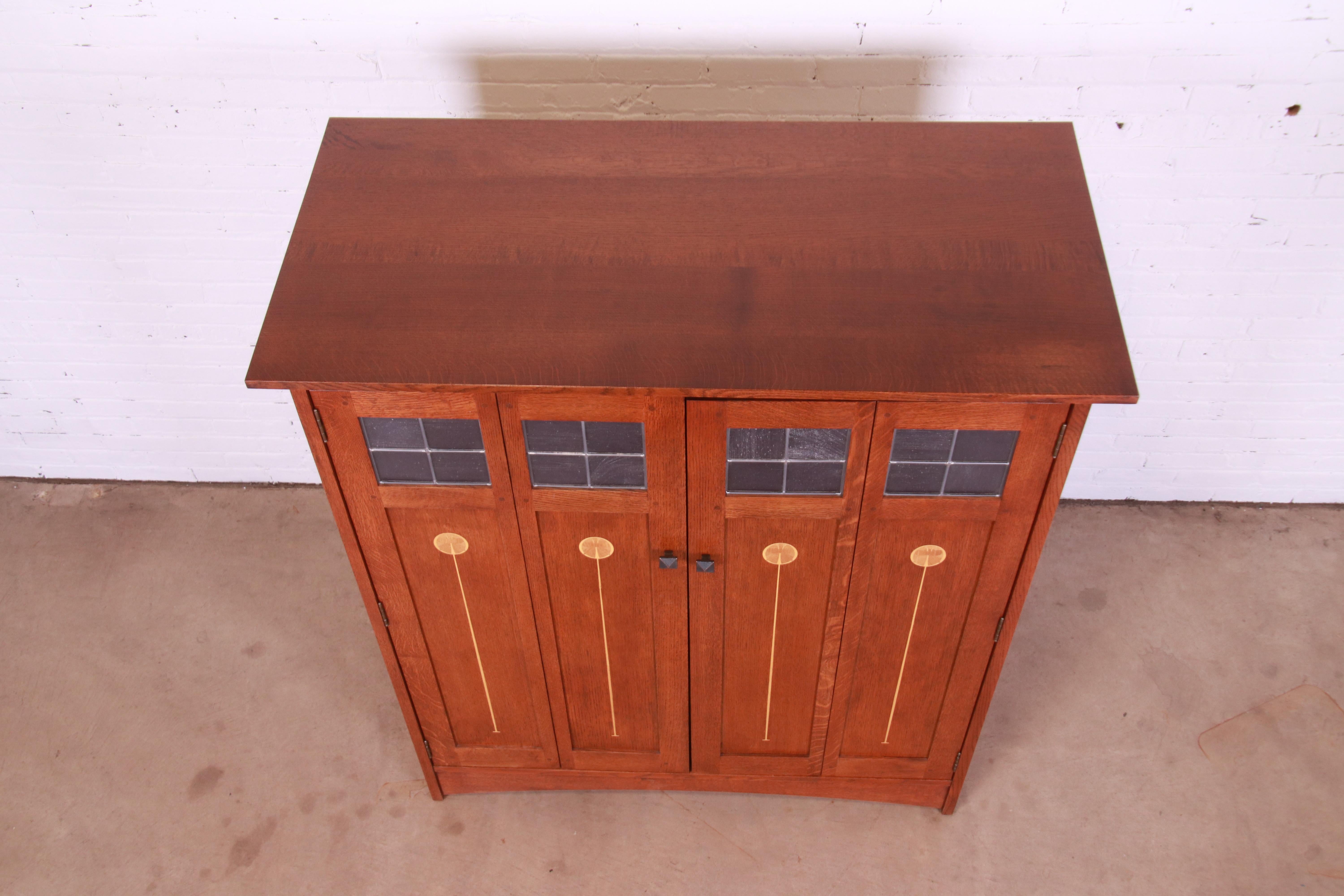 Contemporary Stickley Harvey Ellis Arts & Crafts Inlaid Oak and Leaded Glass Media Cabinet