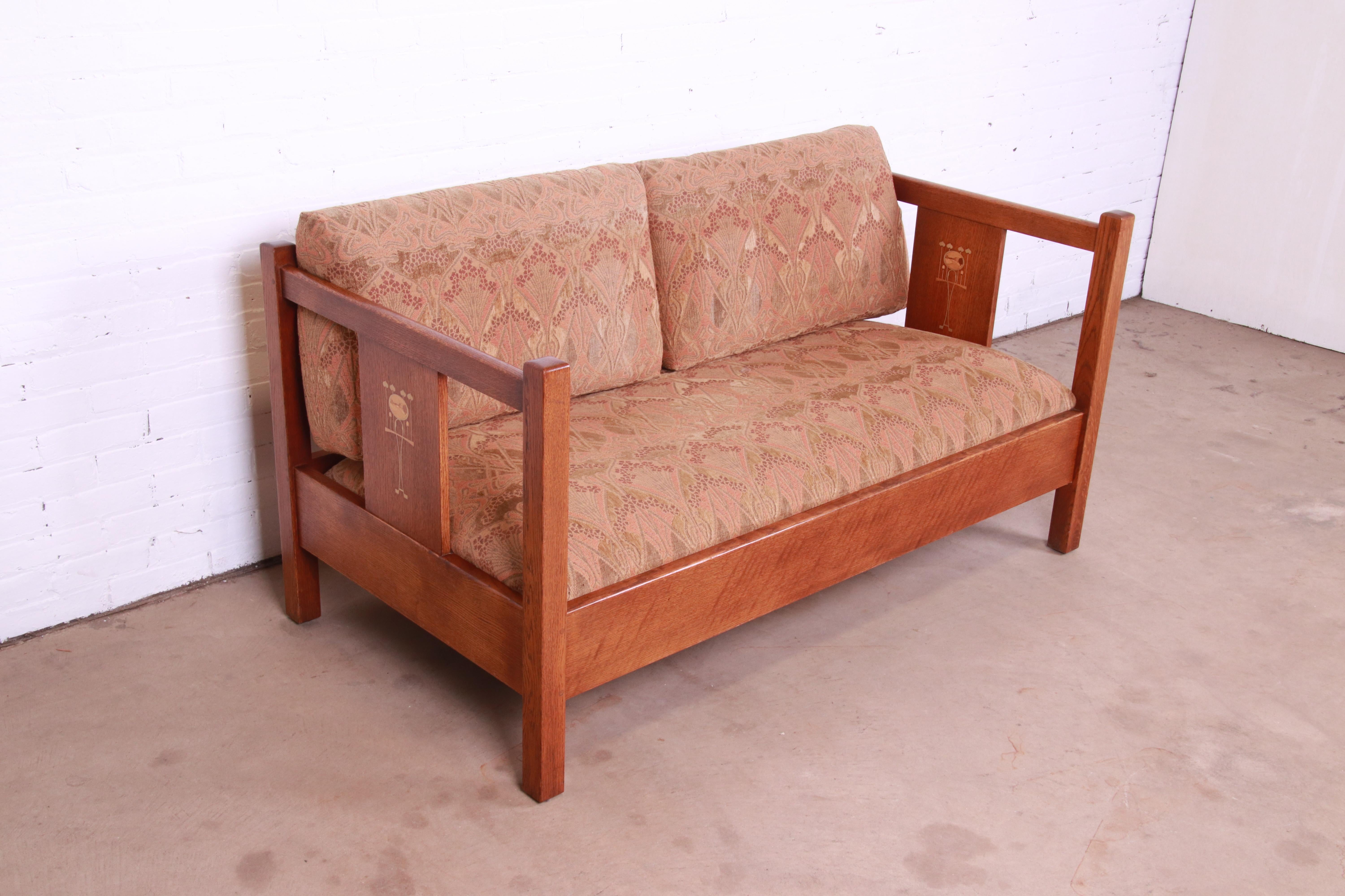Stickley Harvey Ellis Collection Arts & Crafts Inlaid Solid Oak Loveseat In Good Condition In South Bend, IN