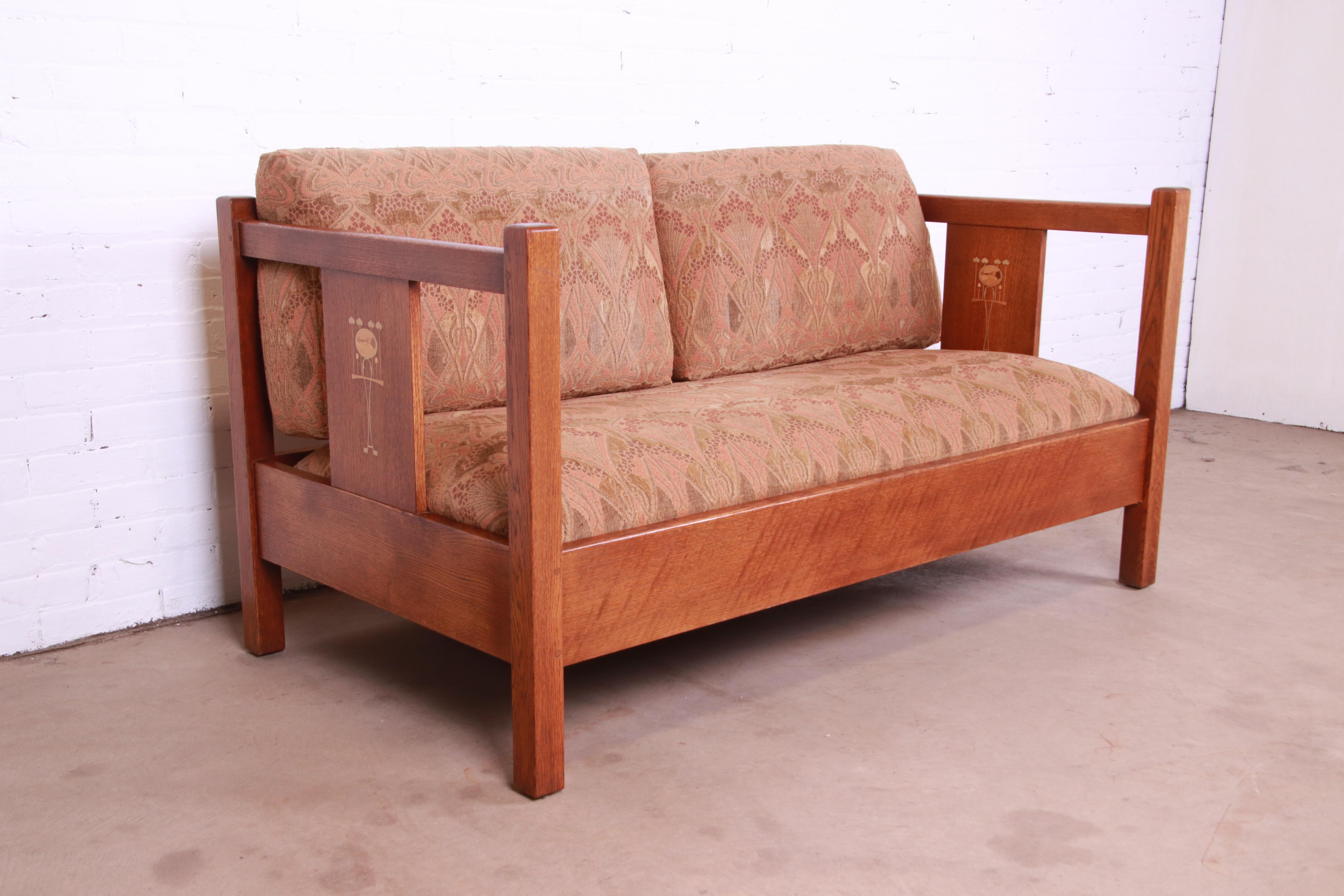 Contemporary Stickley Harvey Ellis Collection Arts & Crafts Inlaid Solid Oak Loveseat