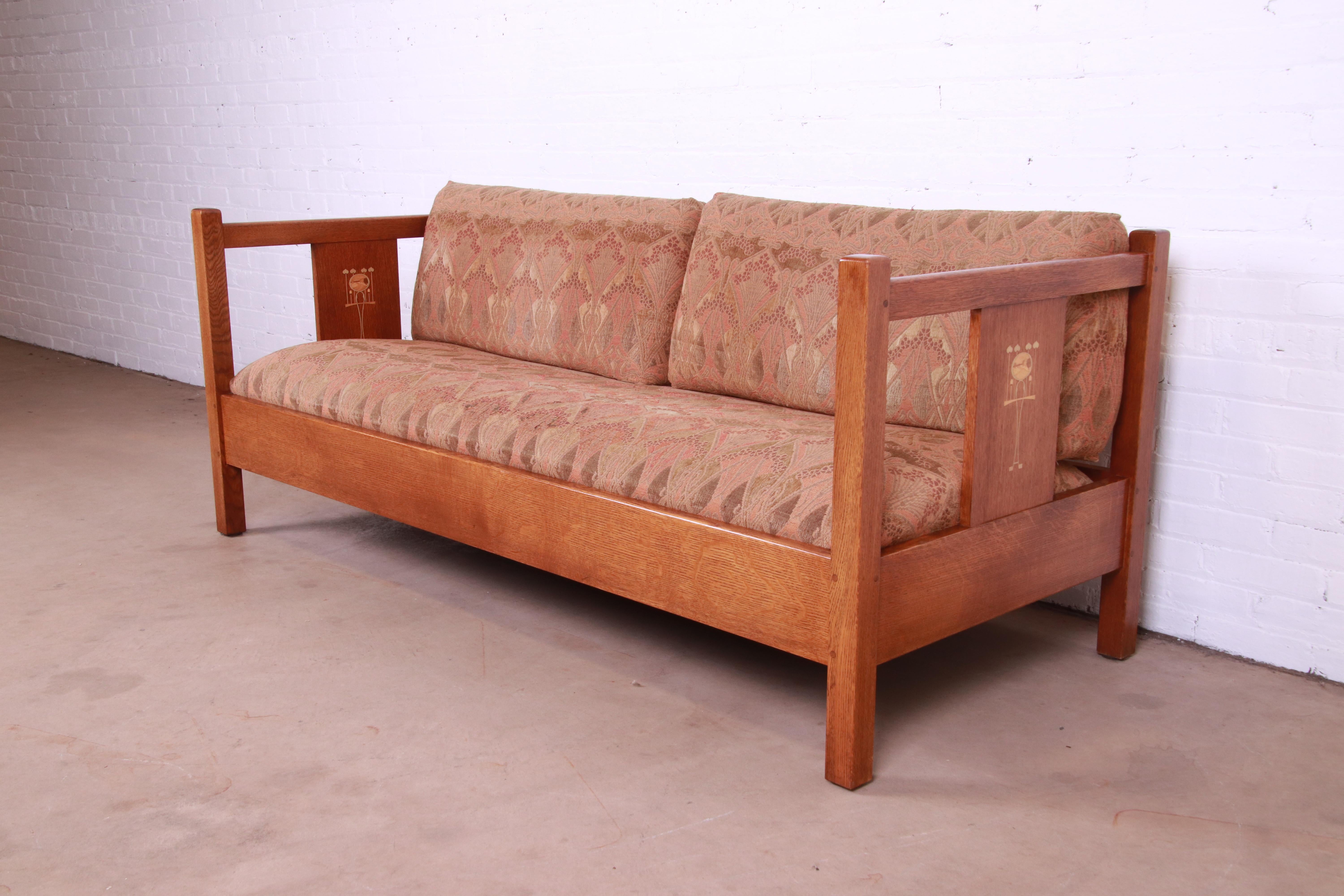 American Stickley Harvey Ellis Collection Arts & Crafts Inlaid Solid Oak Sofa