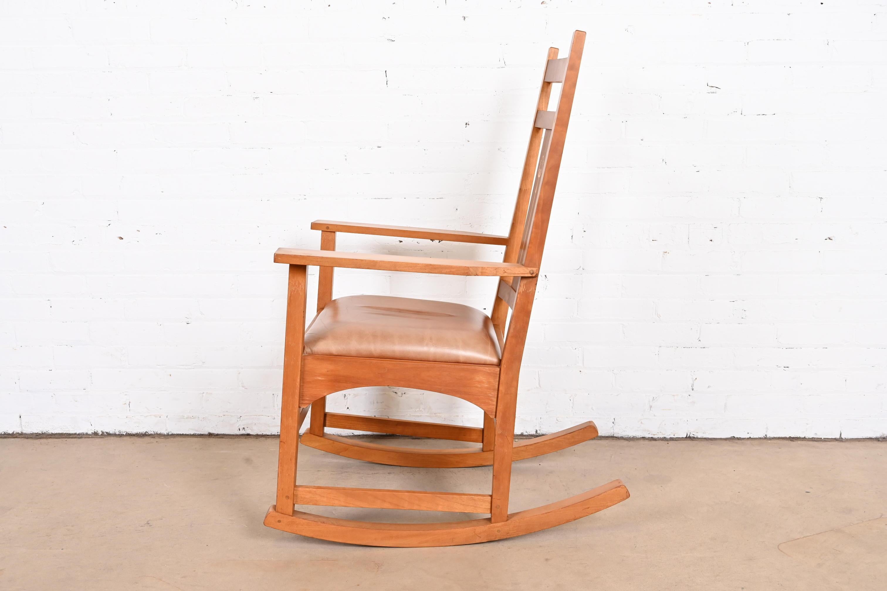 Leather Stickley Harvey Ellis Collection Inlaid Cherry Wood Arts & Crafts Rocking Chair