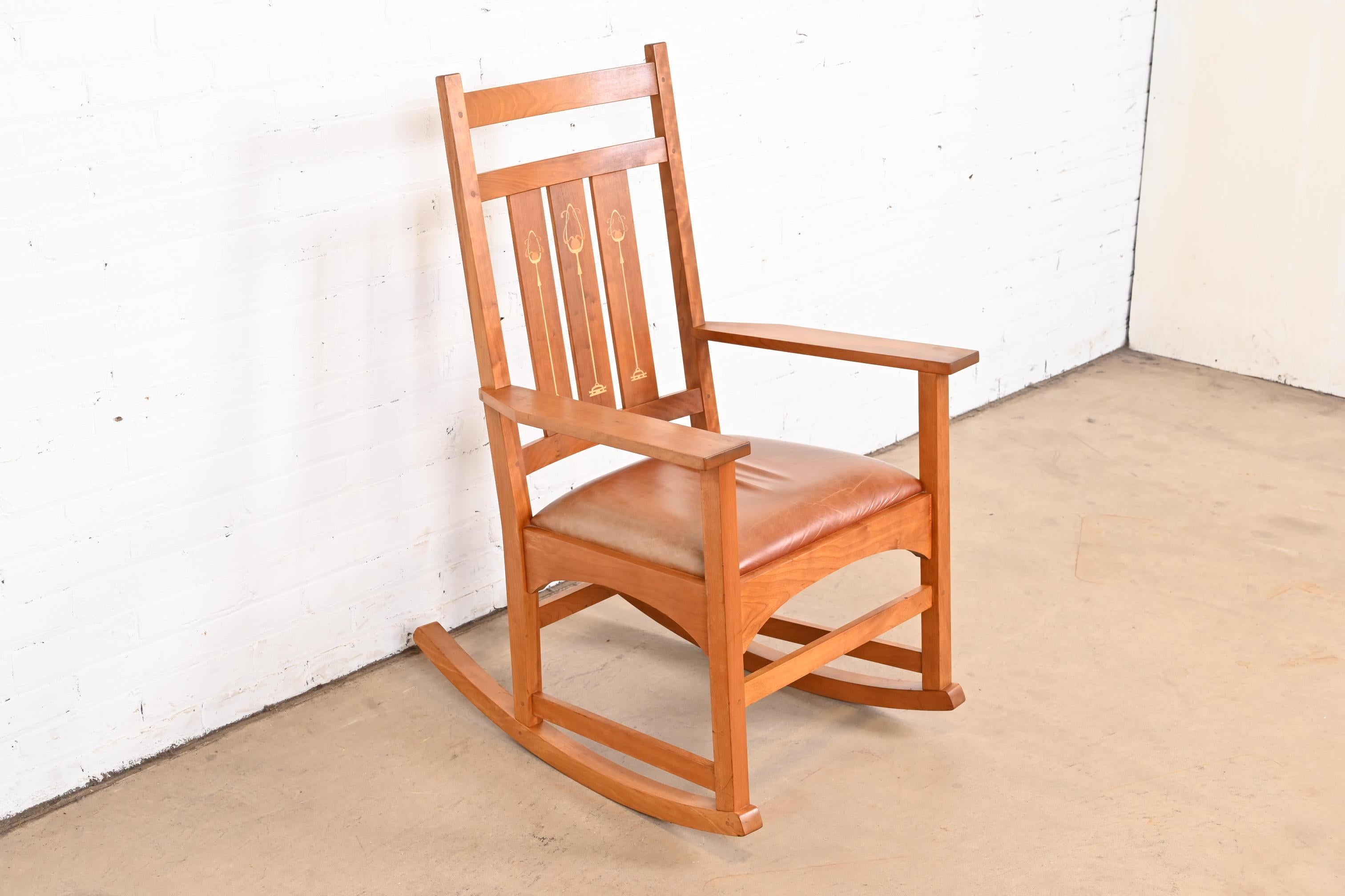 Arts and Crafts Stickley Harvey Ellis Collection Inlaid Cherry Wood Arts & Crafts Rocking Chair For Sale