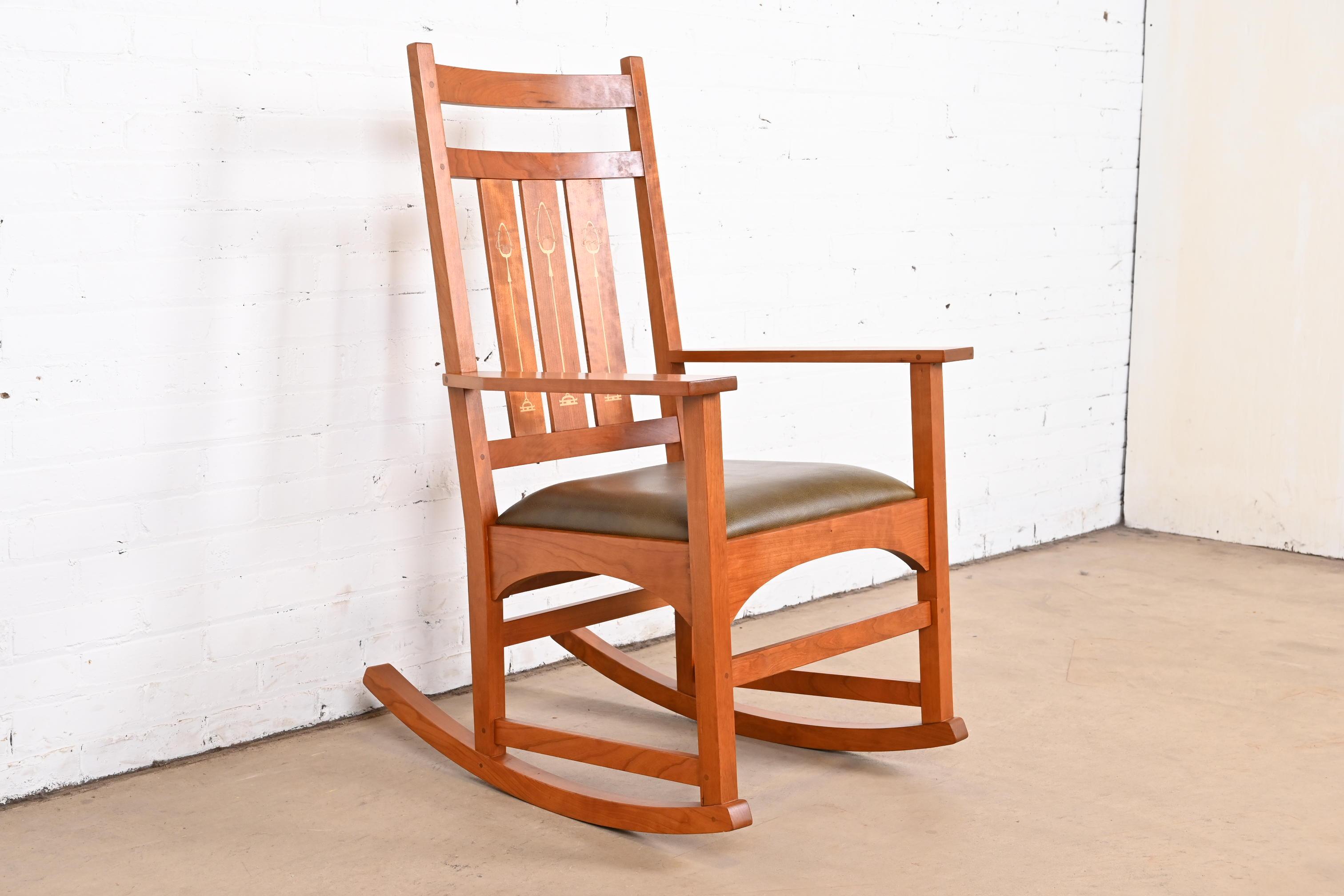 Stickley Harvey Ellis Collection Inlaid Cherry Wood Arts & Crafts Rocking Chair In Good Condition In South Bend, IN