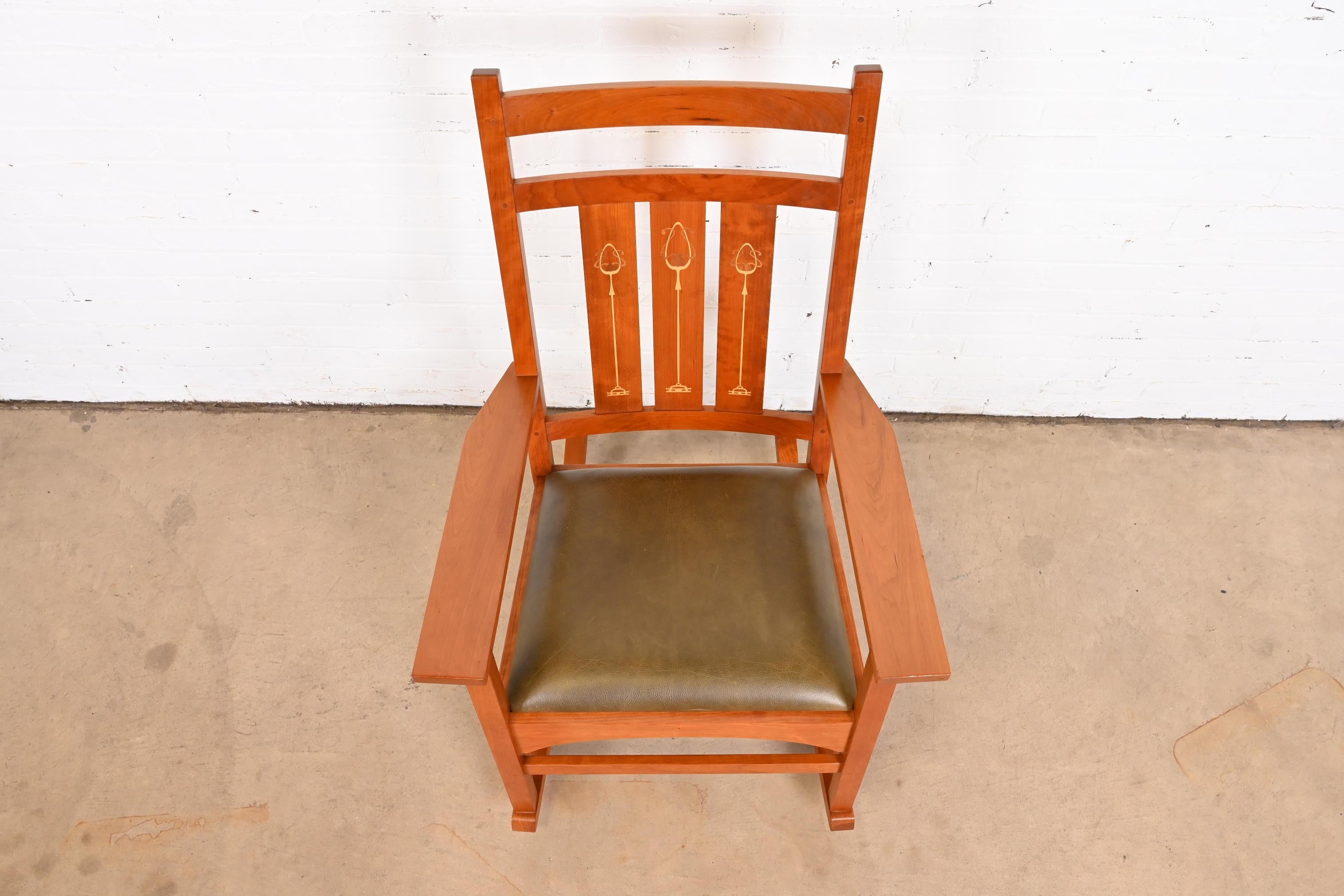 Contemporary Stickley Harvey Ellis Collection Inlaid Cherry Wood Arts & Crafts Rocking Chair