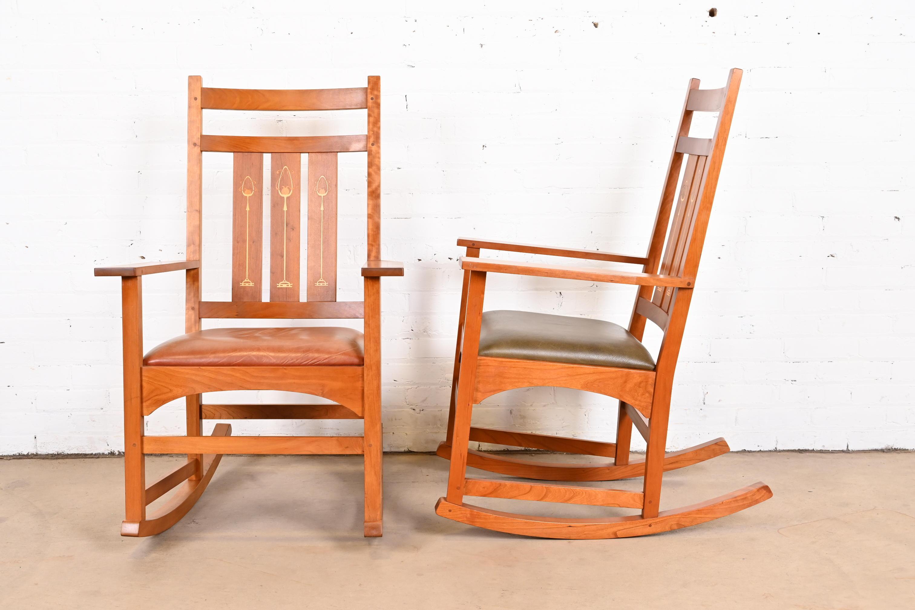 Leather Stickley Harvey Ellis Collection Inlaid Cherry Wood Arts & Crafts Rocking Chairs