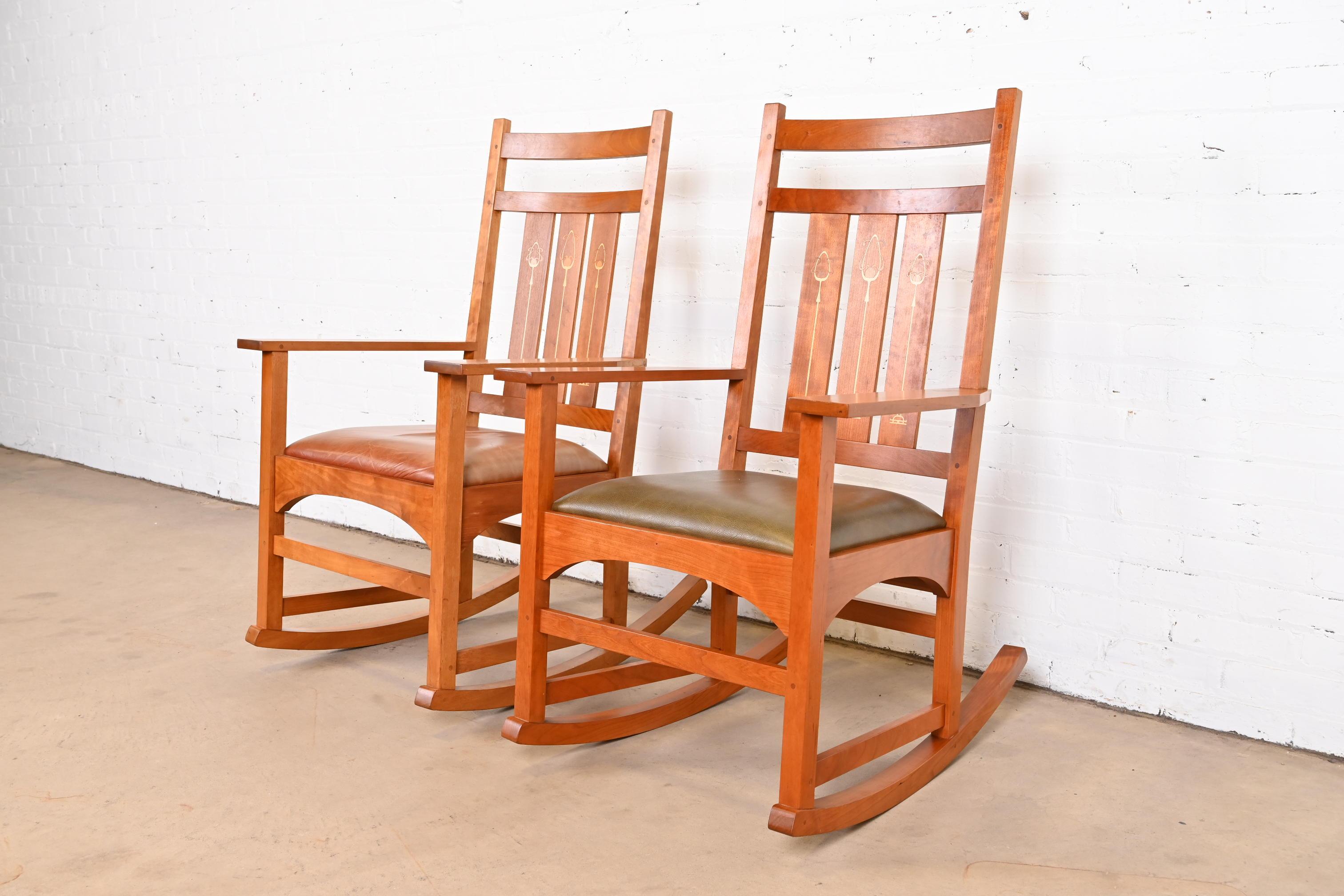 Arts and Crafts Stickley Harvey Ellis Collection Inlaid Cherry Wood Arts & Crafts Rocking Chairs