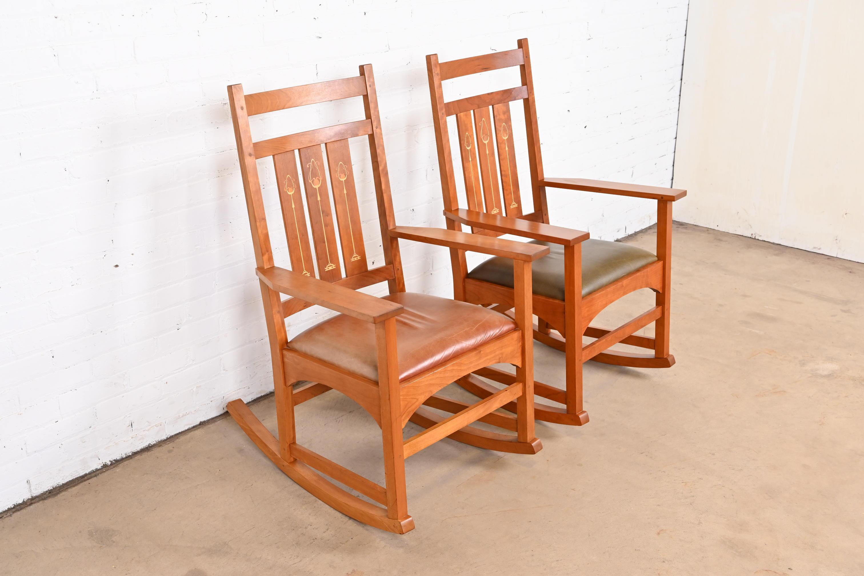 American Stickley Harvey Ellis Collection Inlaid Cherry Wood Arts & Crafts Rocking Chairs