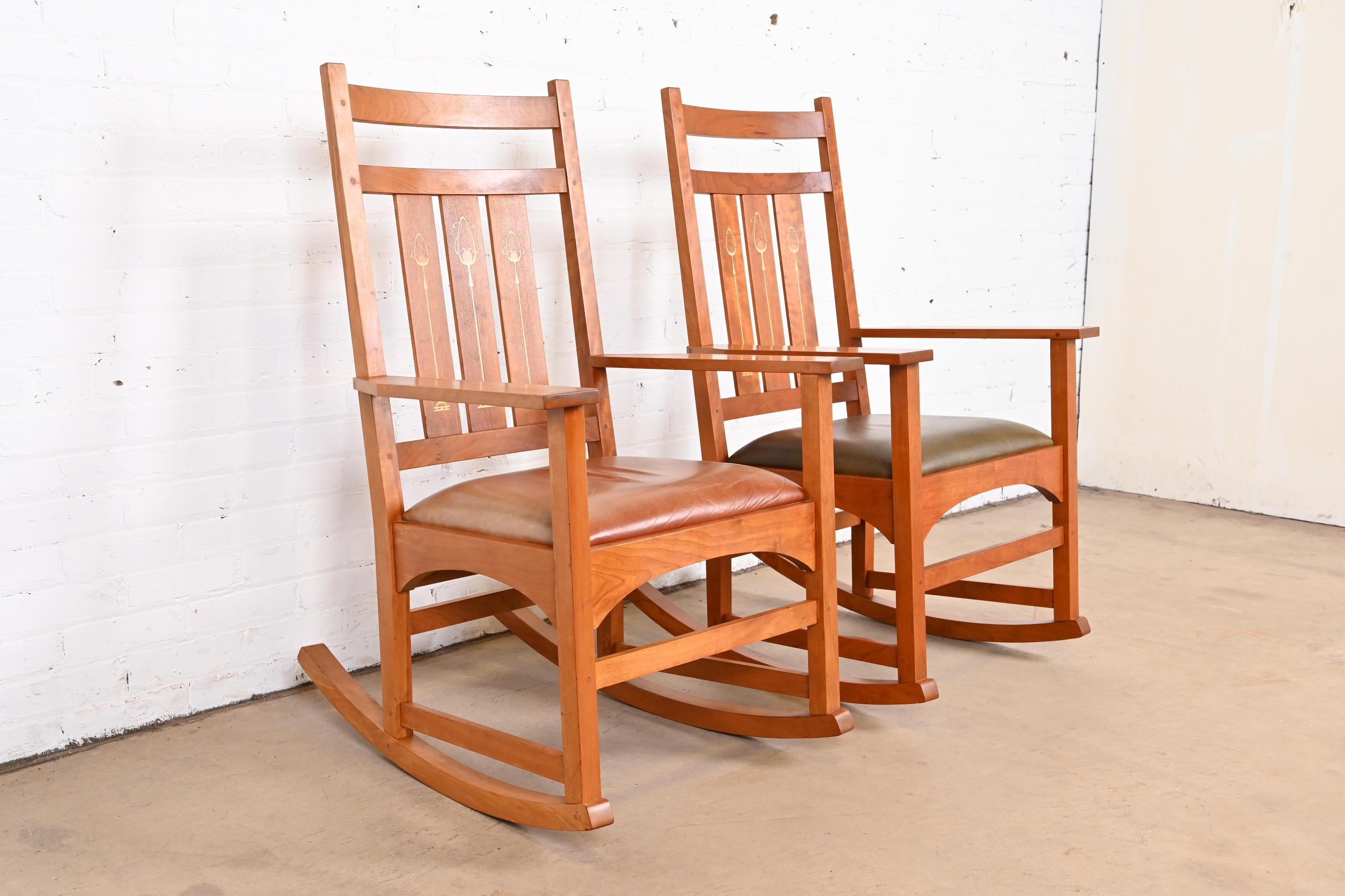 Stickley Harvey Ellis Collection Inlaid Cherry Wood Arts & Crafts Rocking Chairs In Good Condition In South Bend, IN