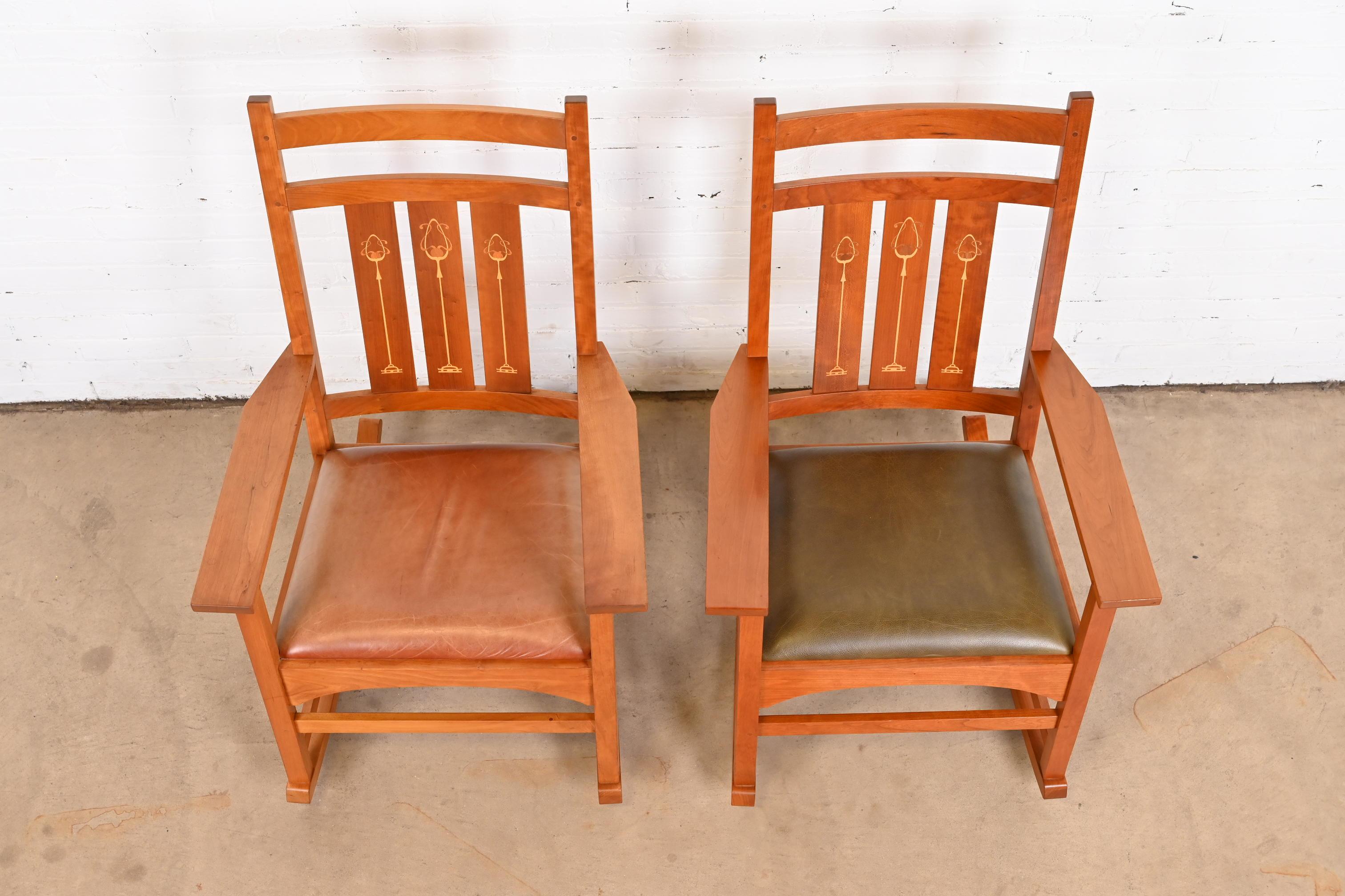 Contemporary Stickley Harvey Ellis Collection Inlaid Cherry Wood Arts & Crafts Rocking Chairs