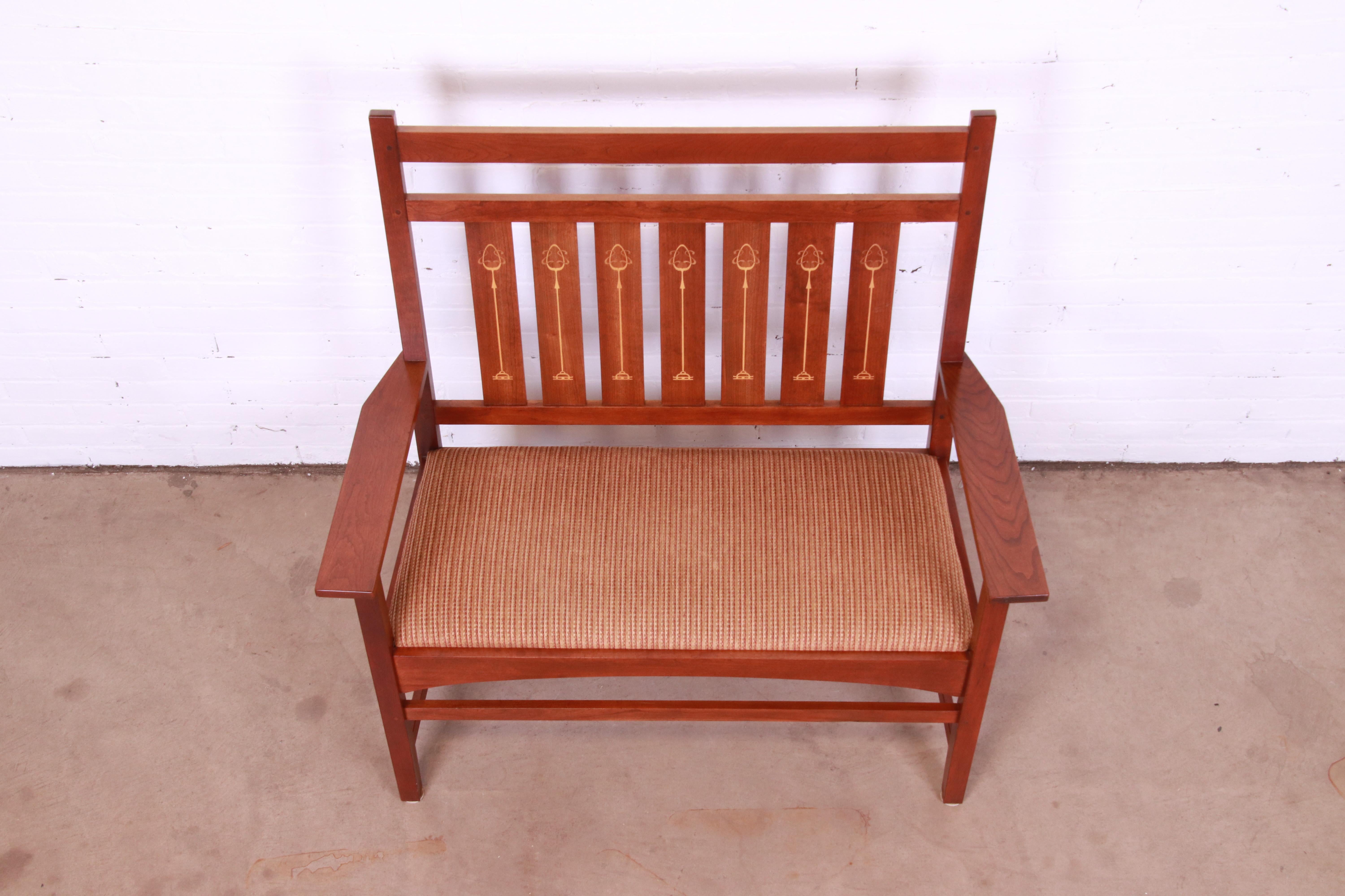 American Stickley Harvey Ellis Collection Inlaid Cherry Wood Bench or Settee