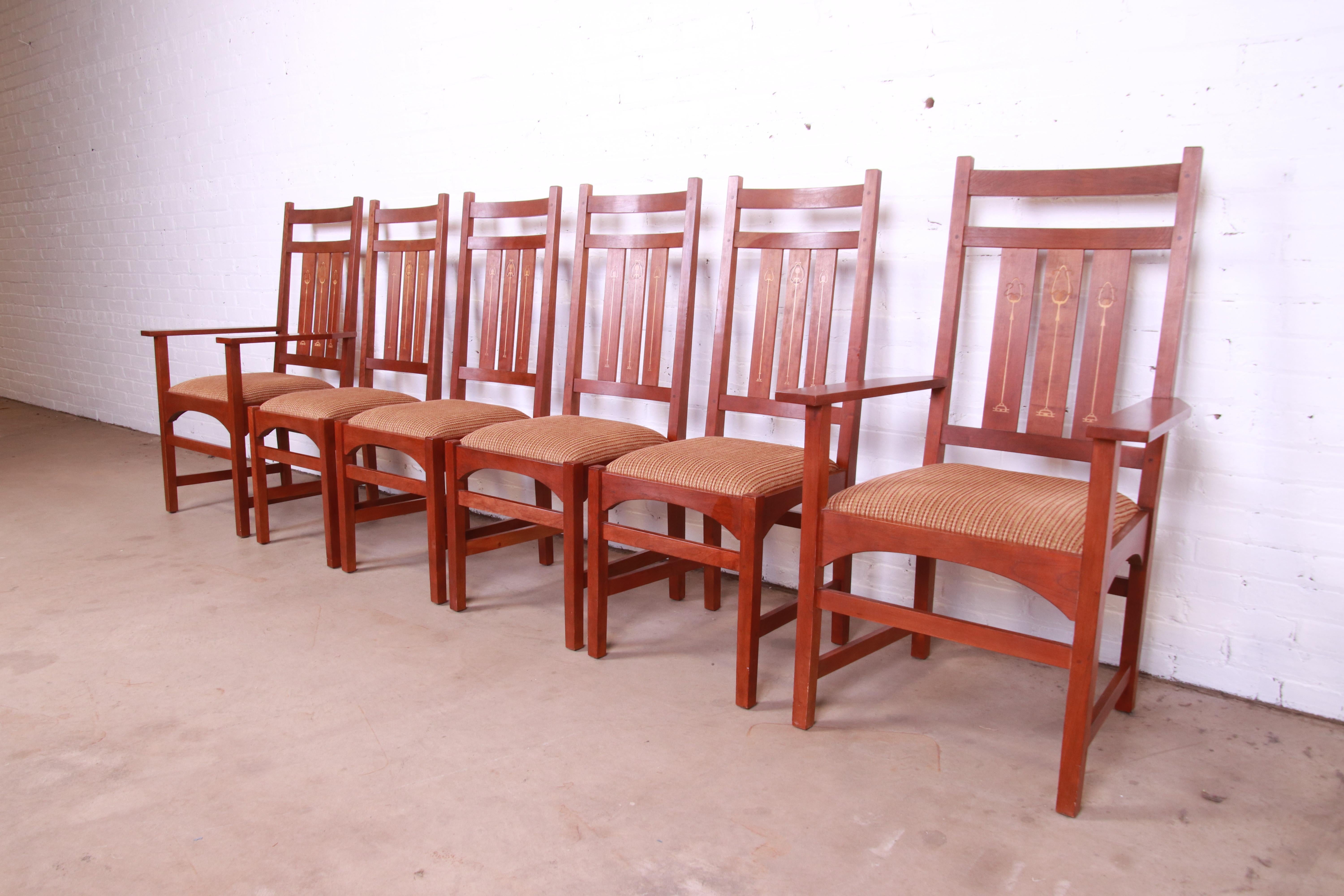 American Stickley Harvey Ellis Collection Inlaid Cherry Wood Dining Chairs, Set of Six