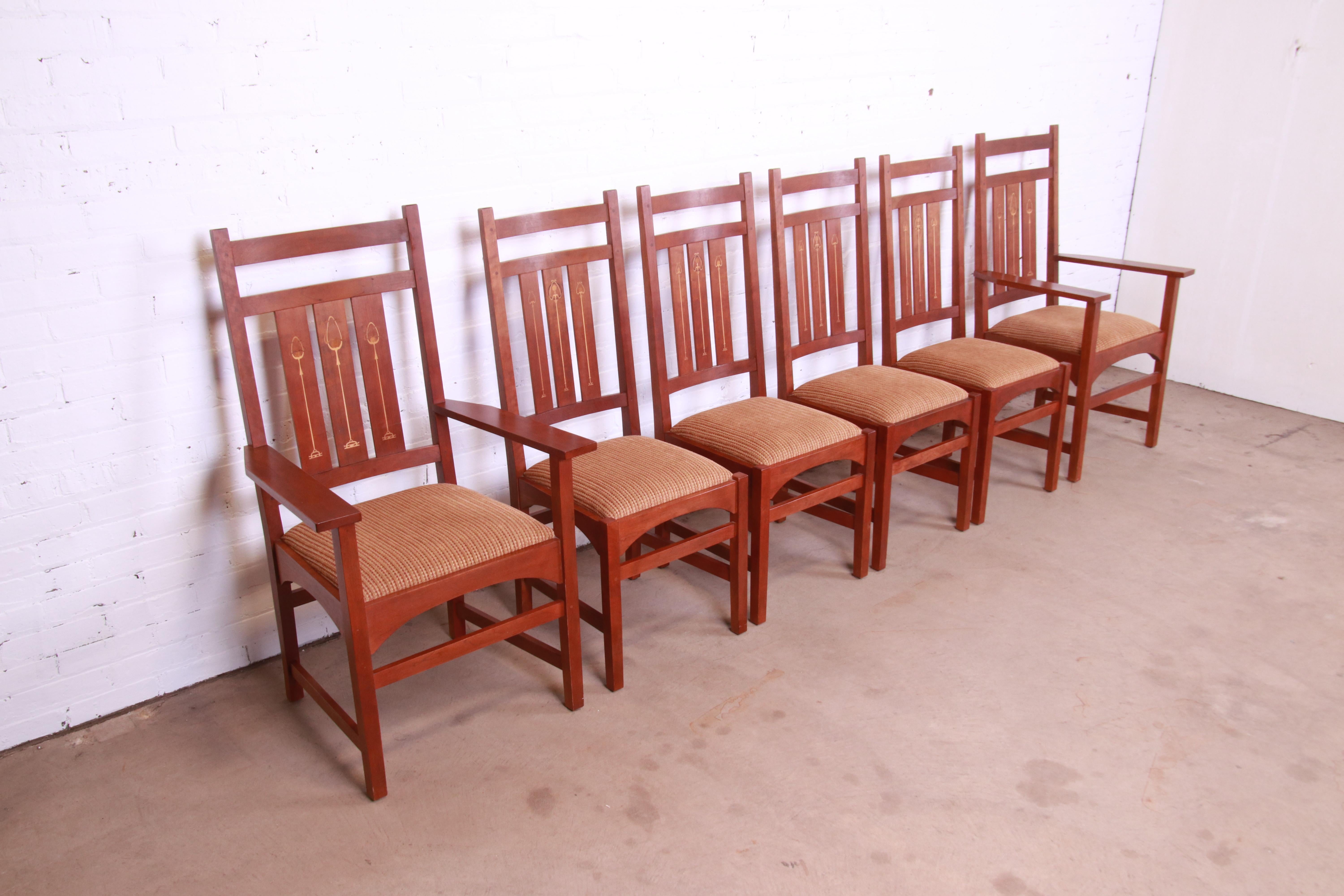 Stickley Harvey Ellis Collection Inlaid Cherry Wood Dining Chairs, Set of Six In Good Condition In South Bend, IN