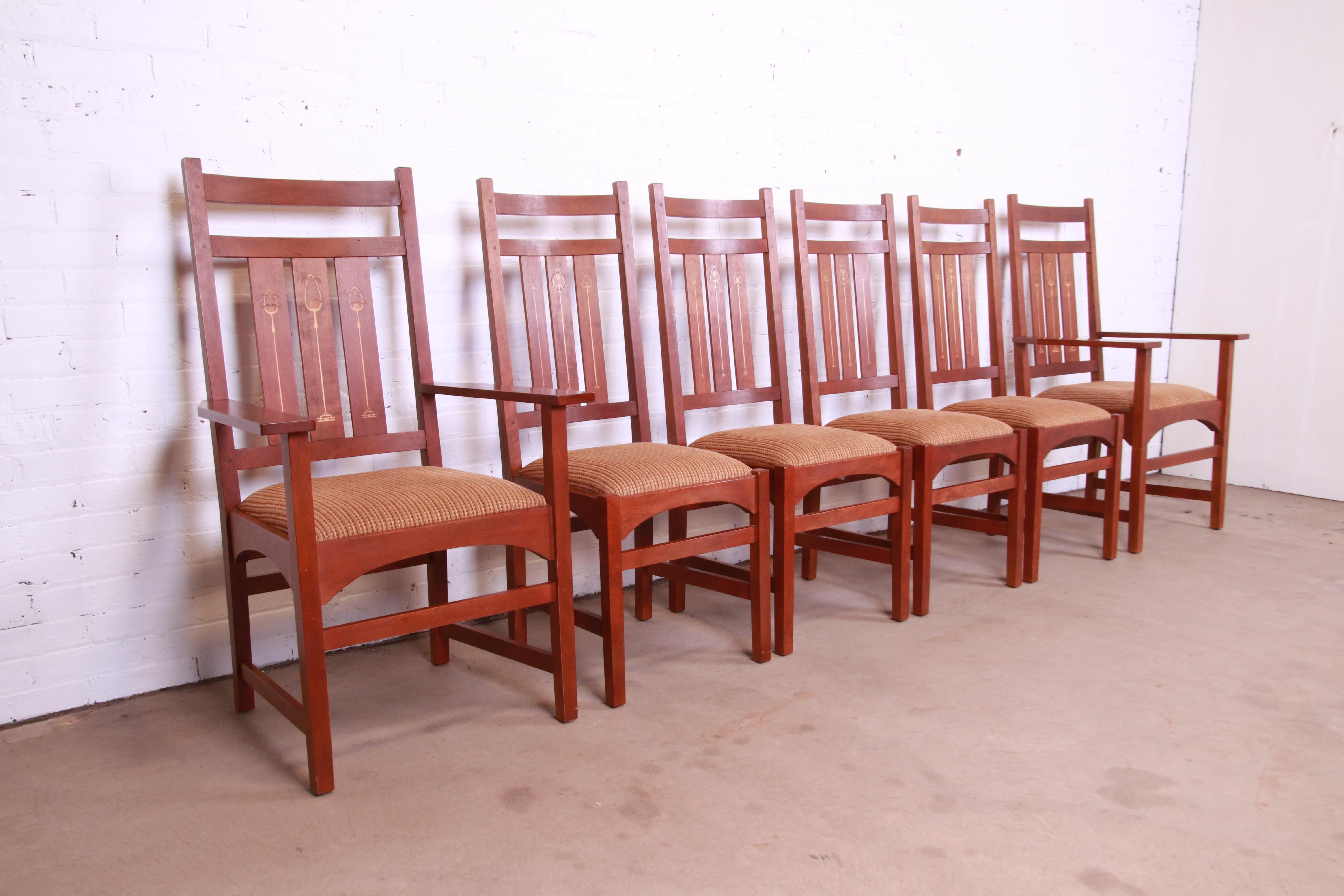 Contemporary Stickley Harvey Ellis Collection Inlaid Cherry Wood Dining Chairs, Set of Six