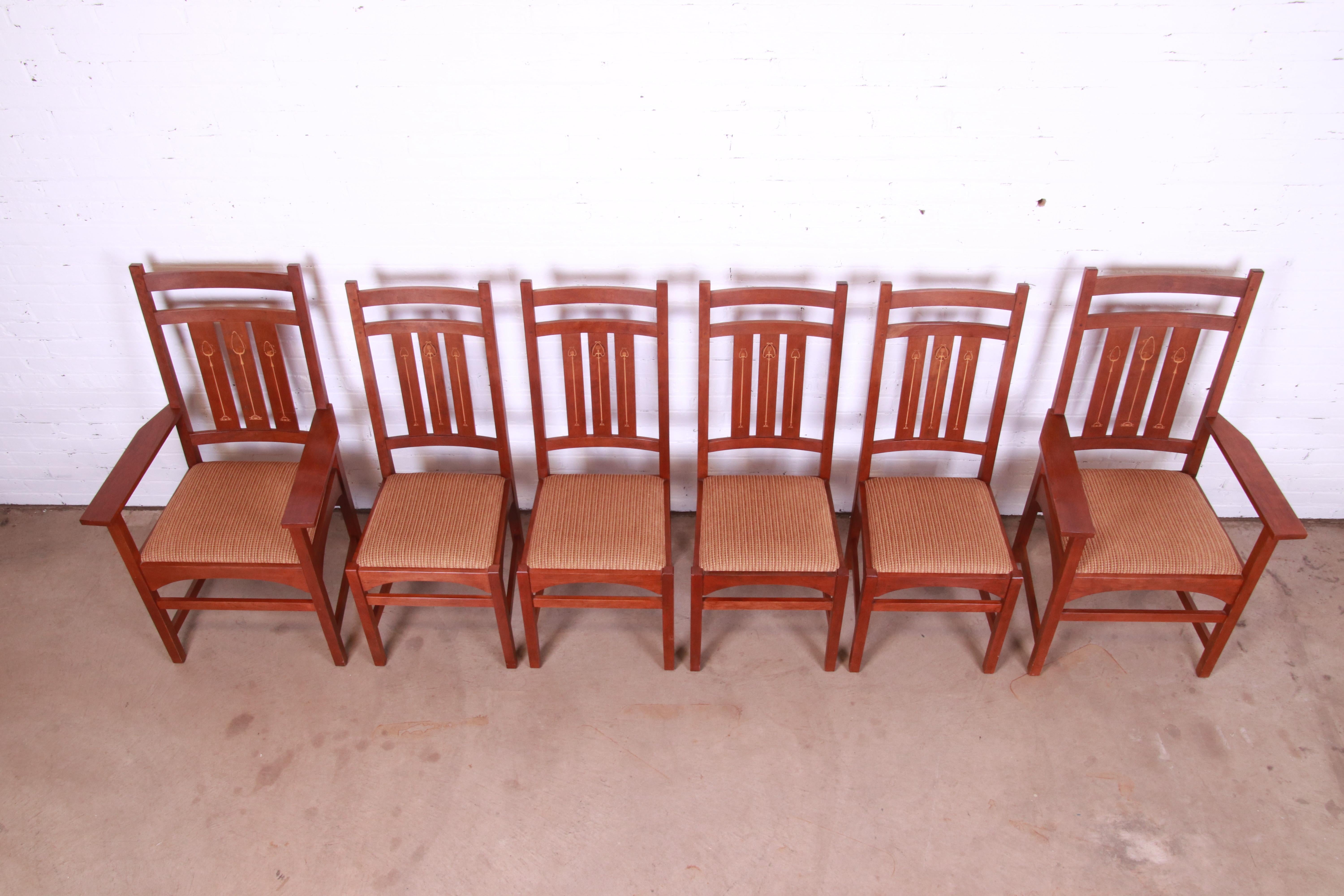 Stickley Harvey Ellis Collection Inlaid Cherry Wood Dining Chairs, Set of Six 2