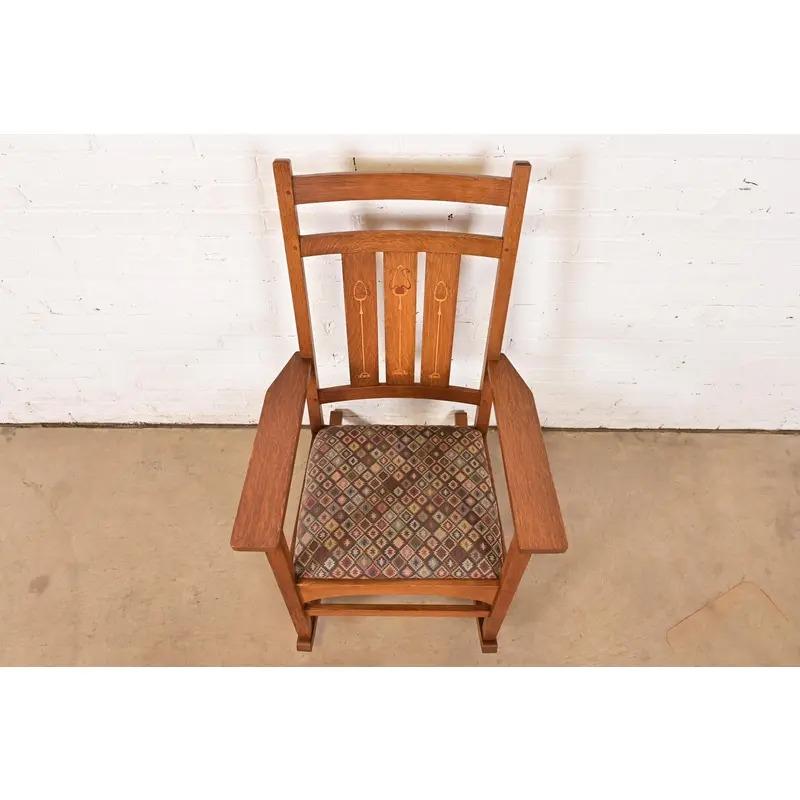 Stickley Harvey Ellis Collection Mission Arts & Crafts Inlaid Oak Schaukelstuhl im Zustand „Gut“ im Angebot in South Bend, IN