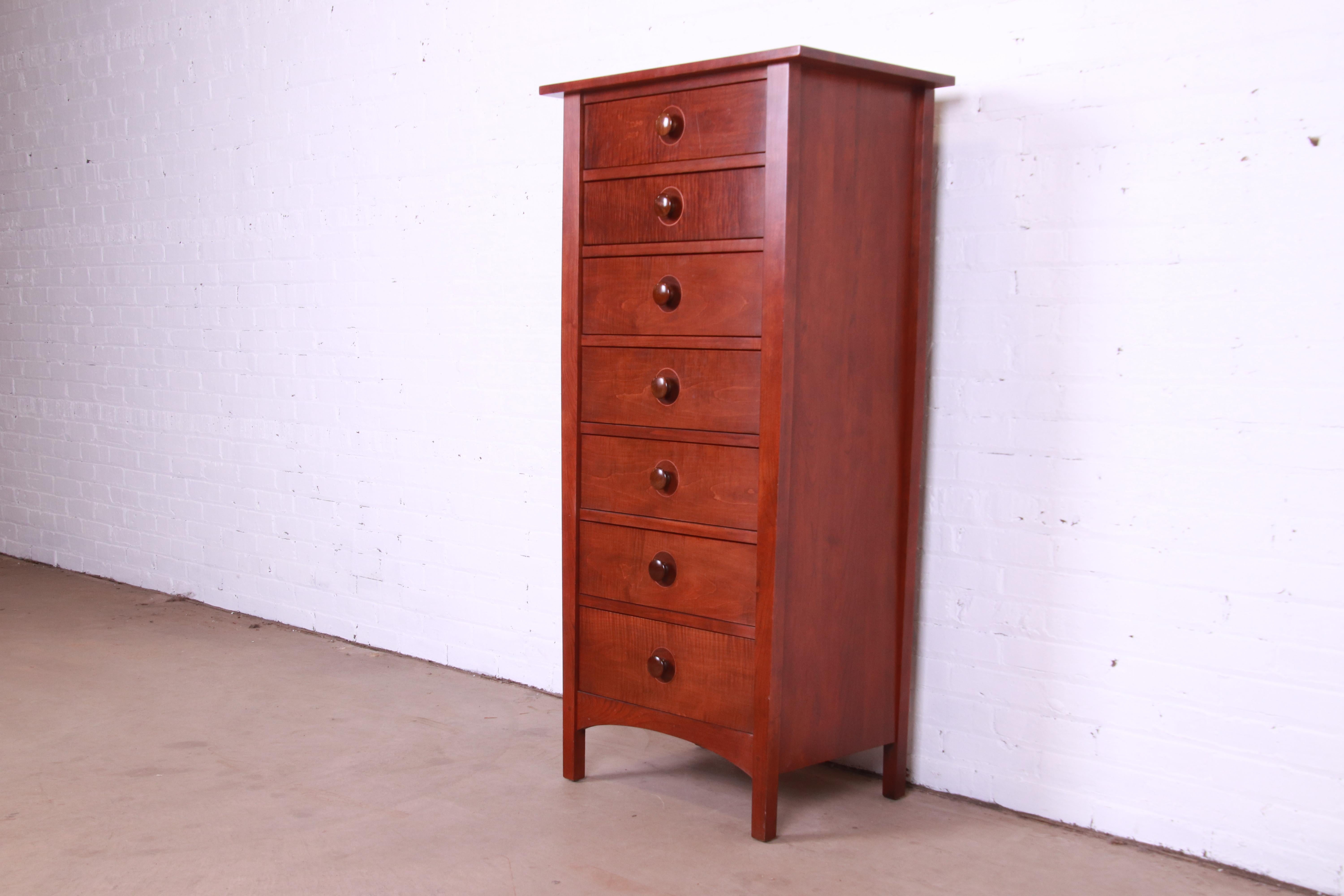 An exceptional Mission Arts & Crafts style cherry wood highboy dresser or lingerie chest

Designed by Harvey Ellis for Stickley Furniture

USA, Circa Early 21st Century

Measures: 26