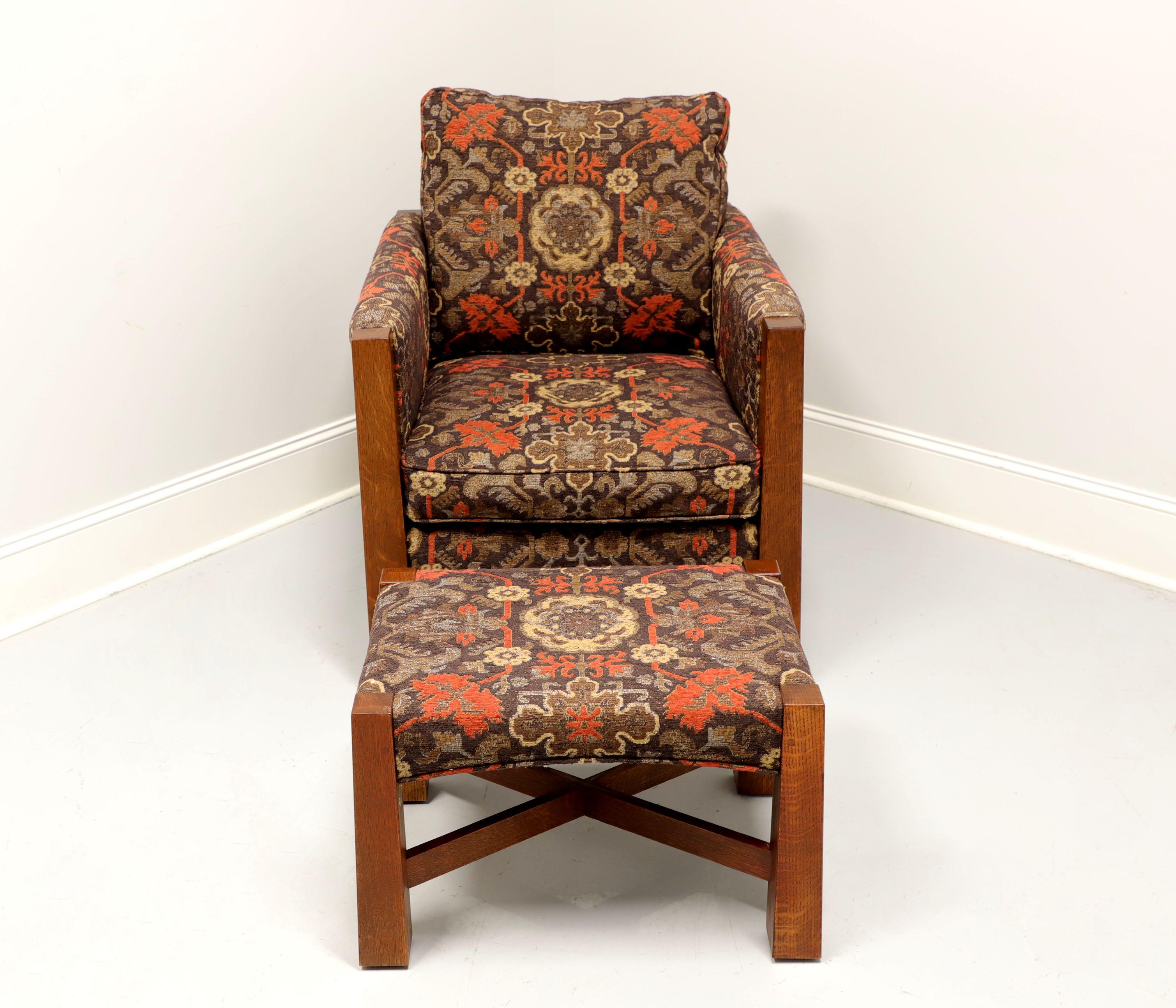 A Mission / Arts & Crafts style armchair and ottoman by Stickley, from their Highlands Collection. Solid oak with a darker finish, tapered posts, pierced slats to sides, upholstered arms, back and bottom in a high quality rust, beige and brown