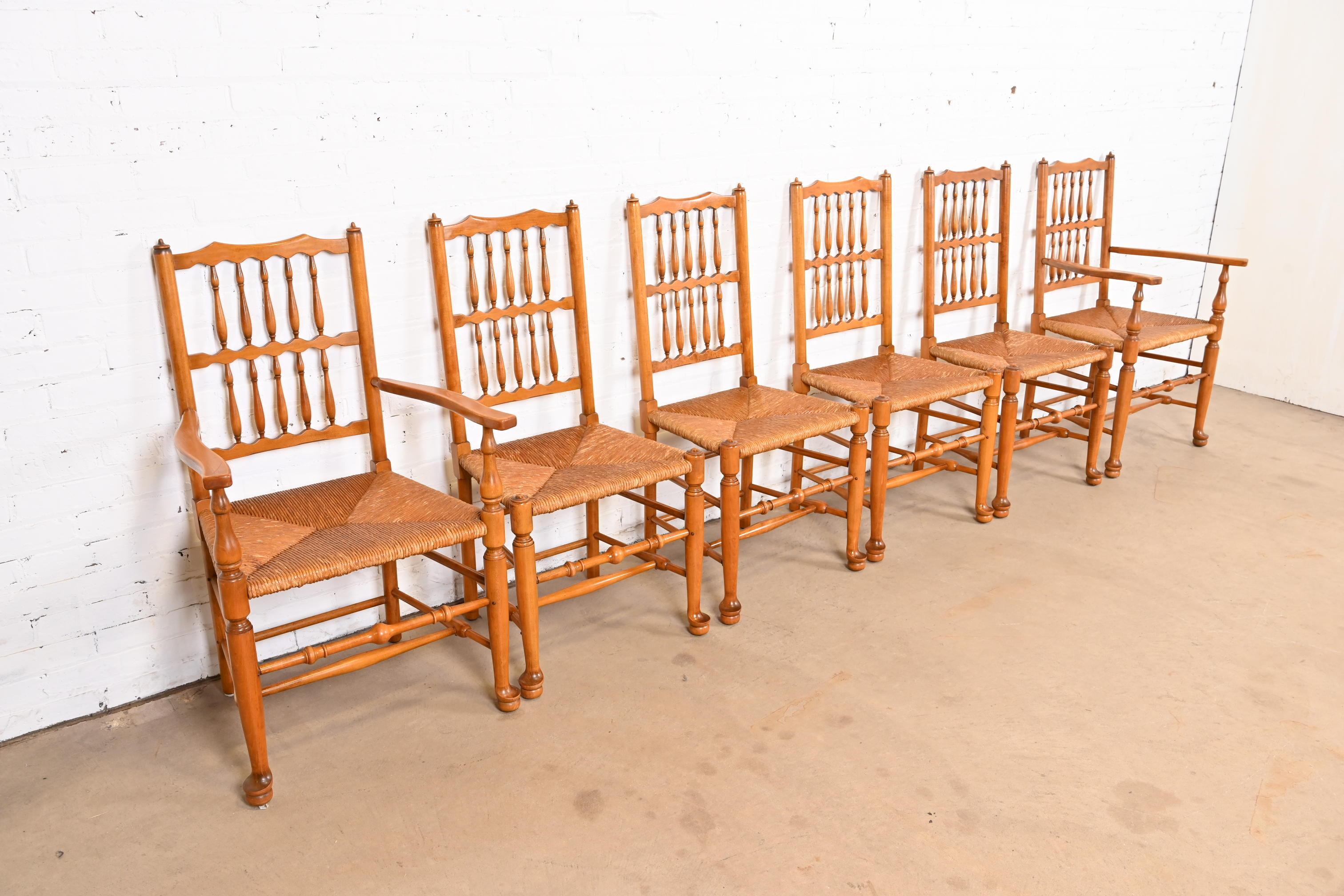 British Colonial Stickley Lancashire Style Cherry Wood Spindle Dining Chairs With Rush Seats For Sale