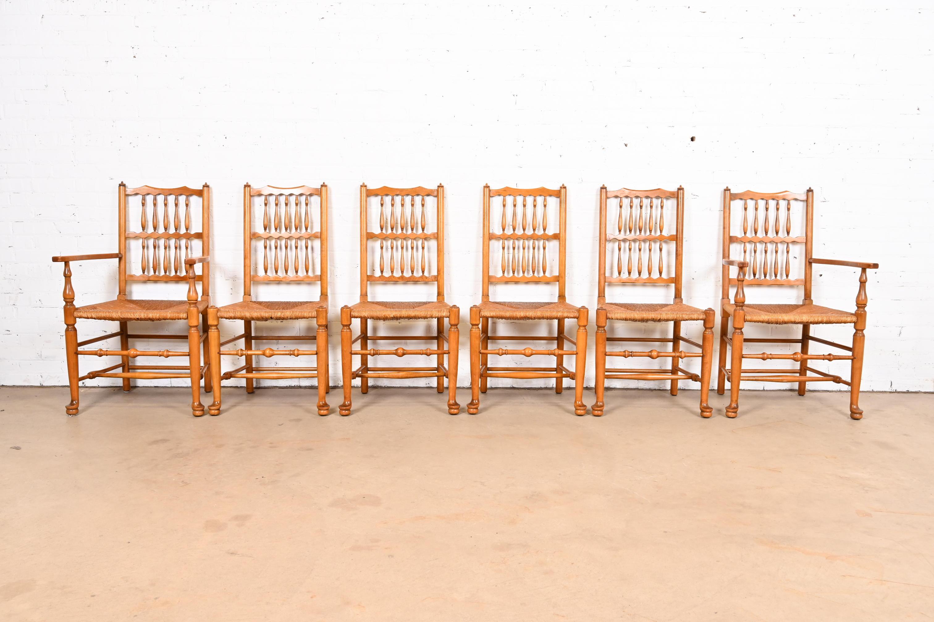 American Stickley Lancashire Style Cherry Wood Spindle Dining Chairs With Rush Seats For Sale