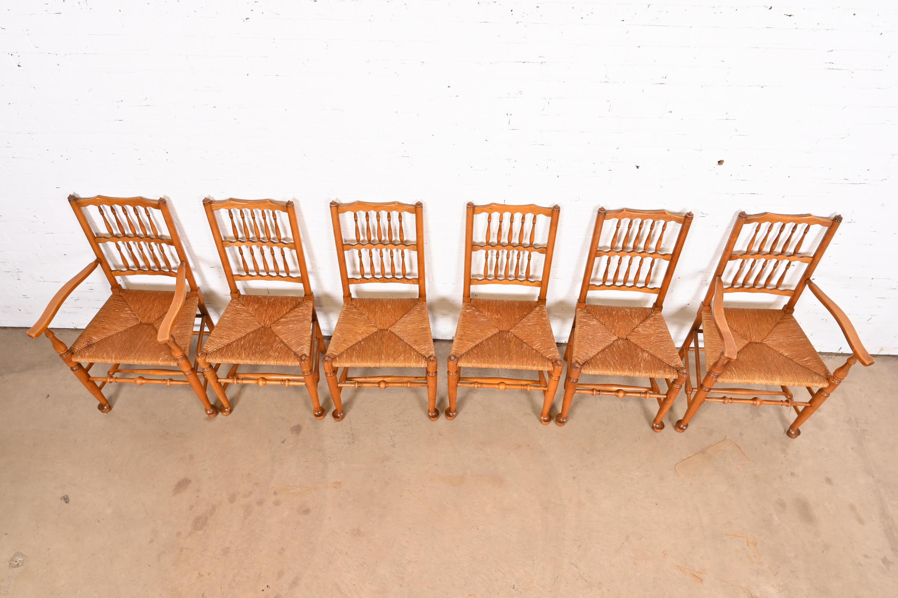 Mid-20th Century Stickley Lancashire Style Cherry Wood Spindle Dining Chairs With Rush Seats For Sale