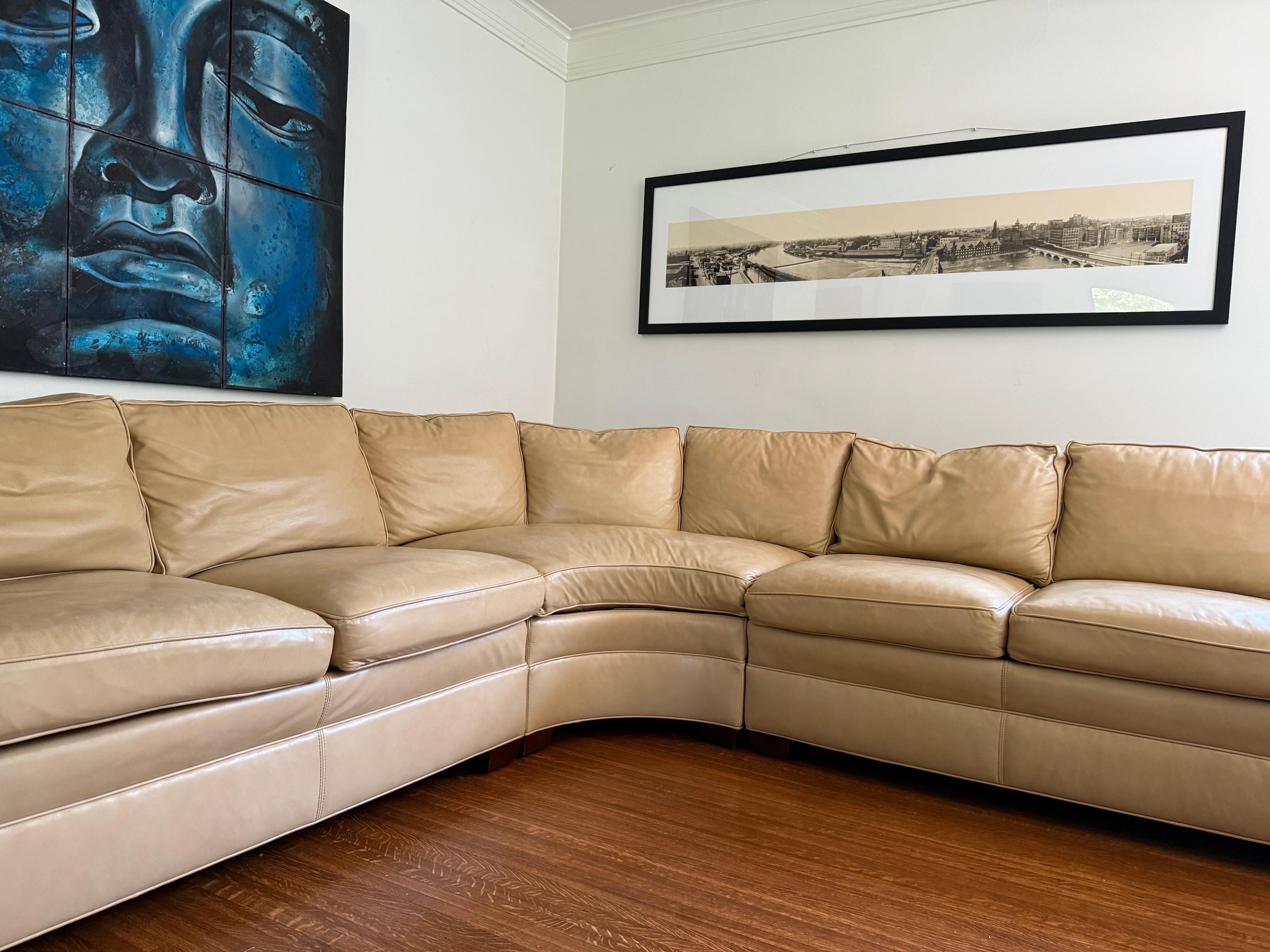 American Stickley Large Modular Sectional Sofa Tan Leather Sectional Curved Room Sofa For Sale